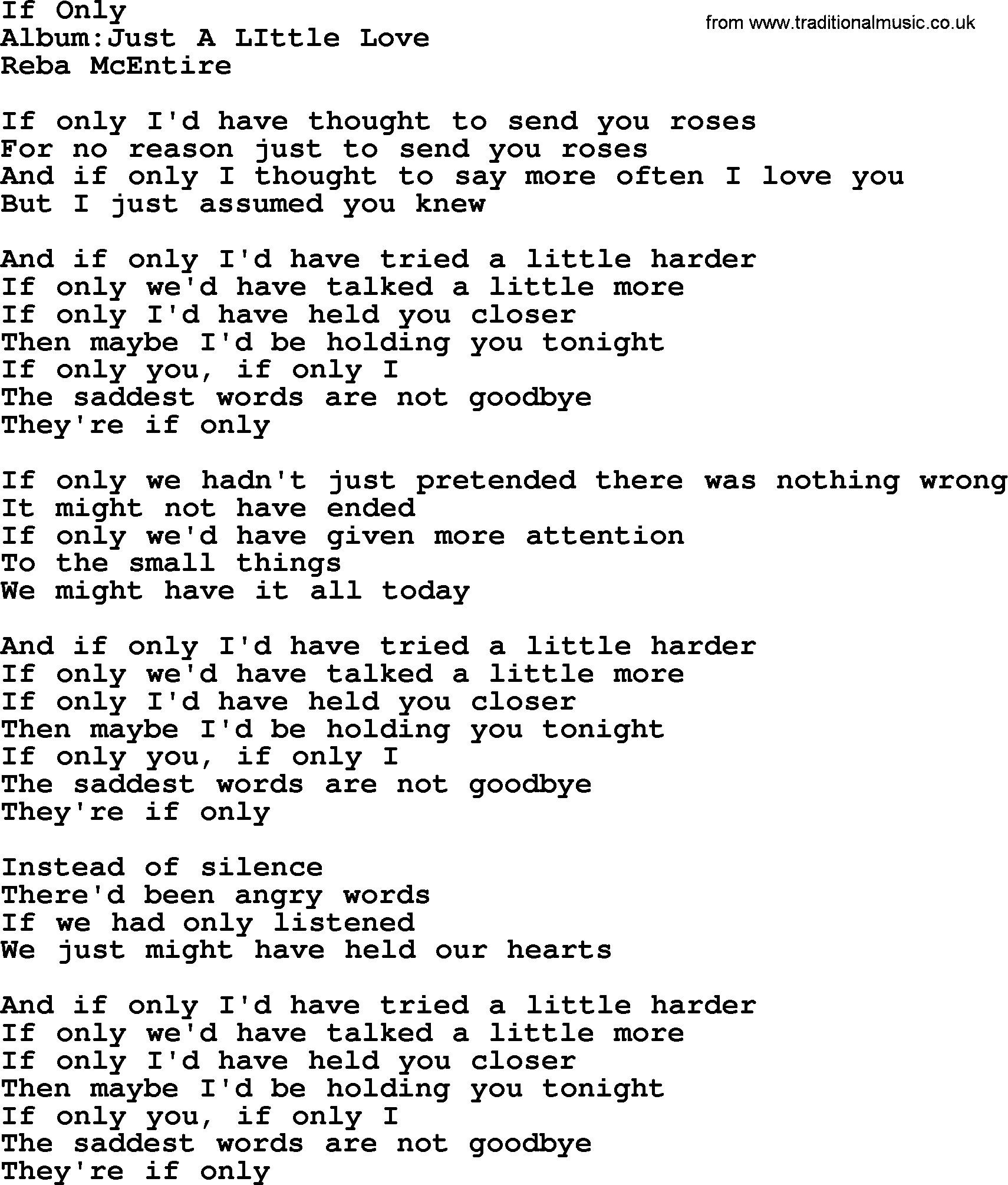 Reba McEntire song: If Only lyrics