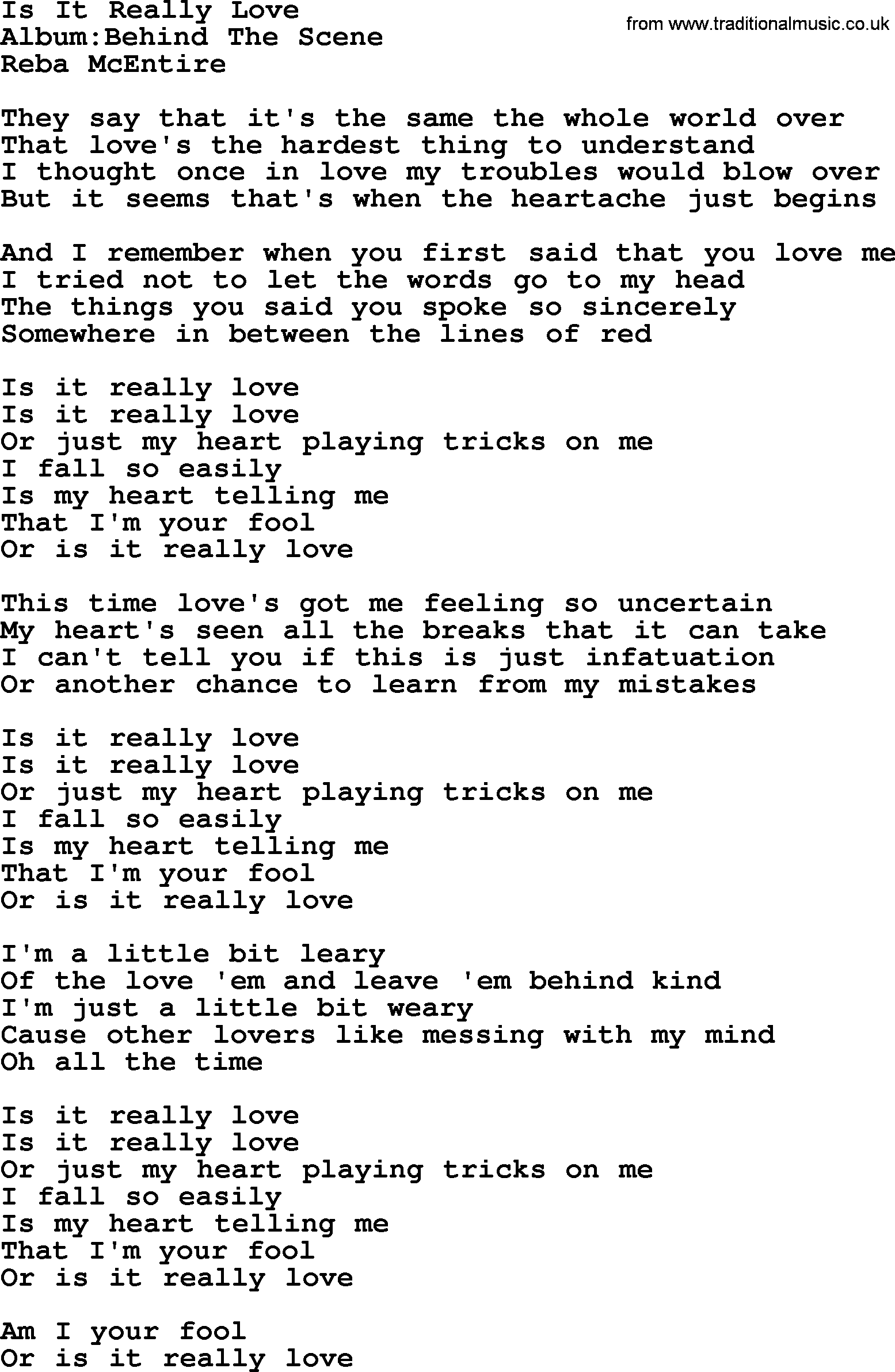 Reba McEntire song: Is It Really Love lyrics