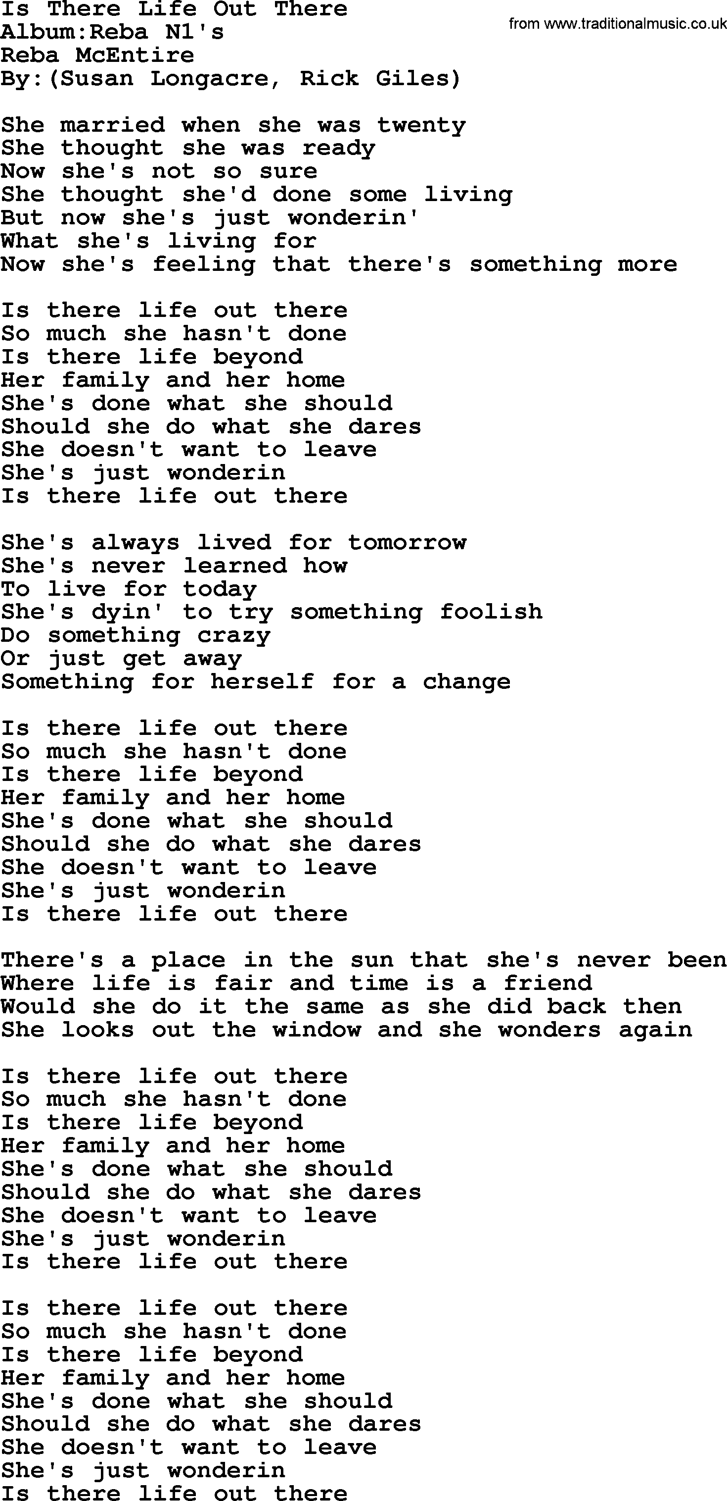 Reba McEntire song: Is There Life Out There lyrics