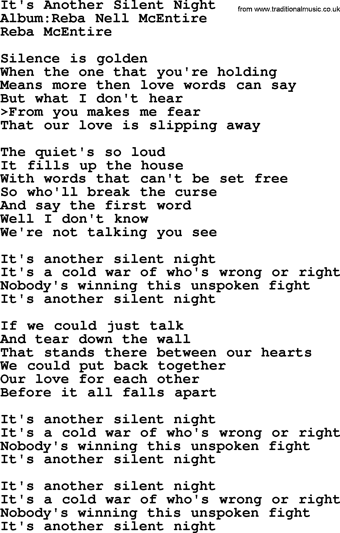 Reba McEntire song: It's Another Silent Night lyrics