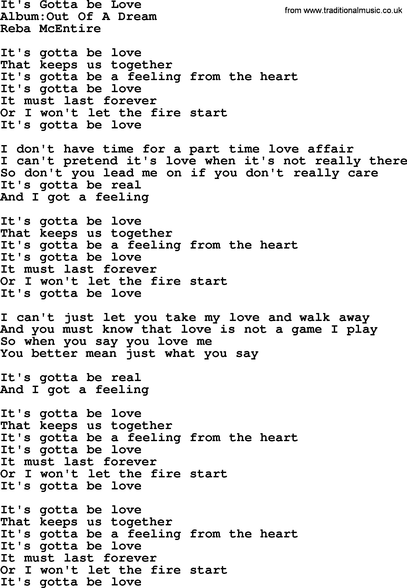 Reba McEntire song: It's Gotta be Love lyrics