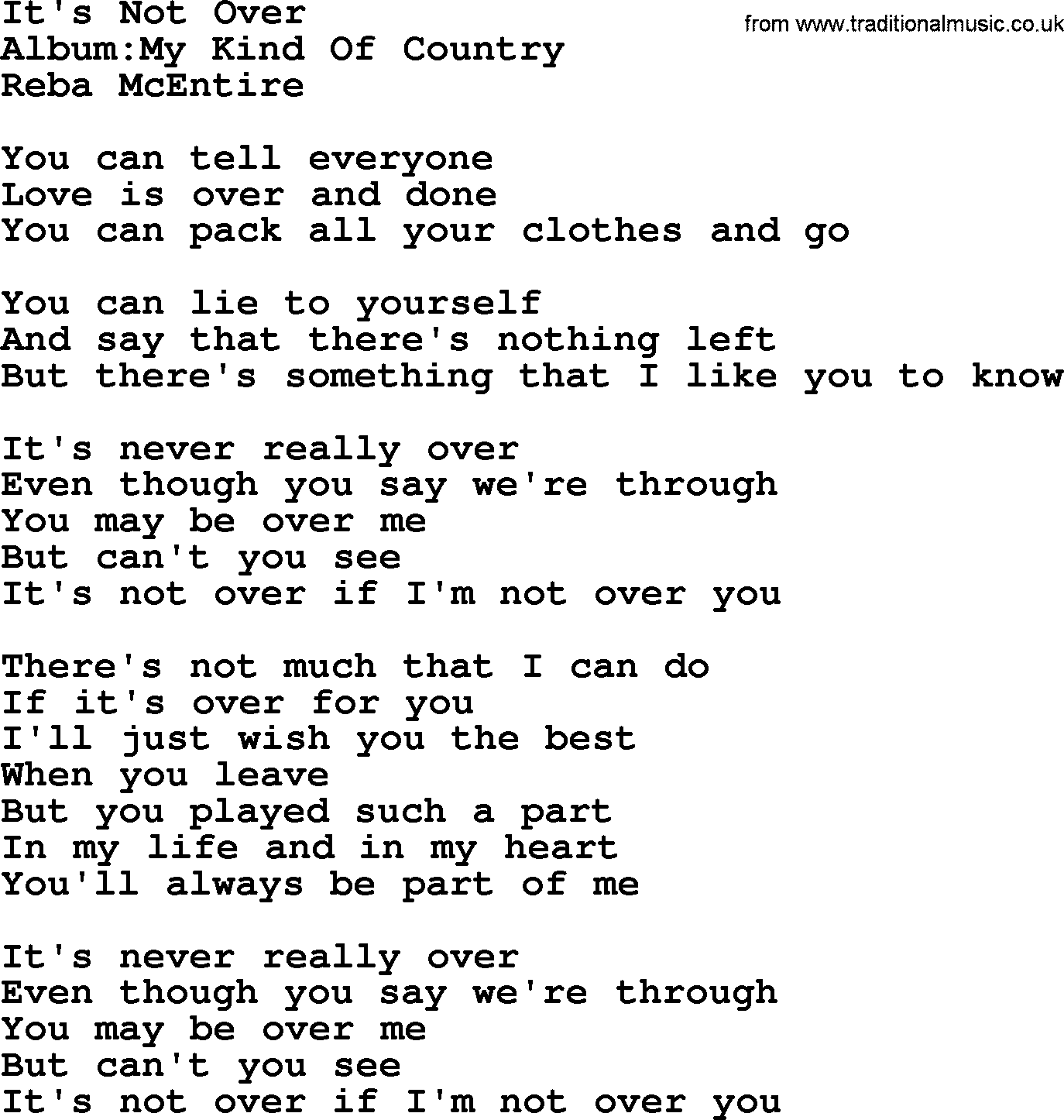 Reba McEntire song: It's Not Over lyrics