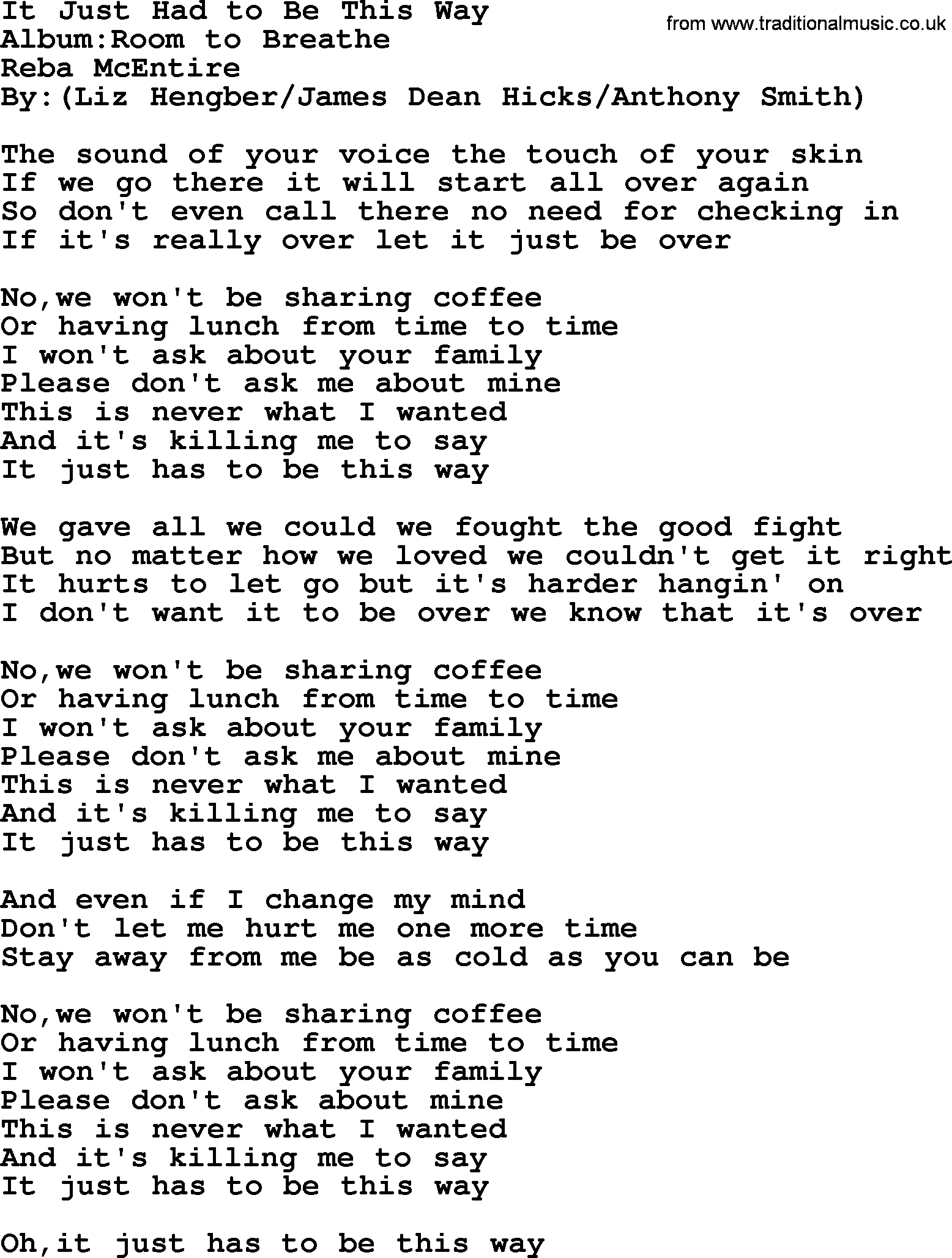 Reba McEntire song: It Just Had to Be This Way lyrics