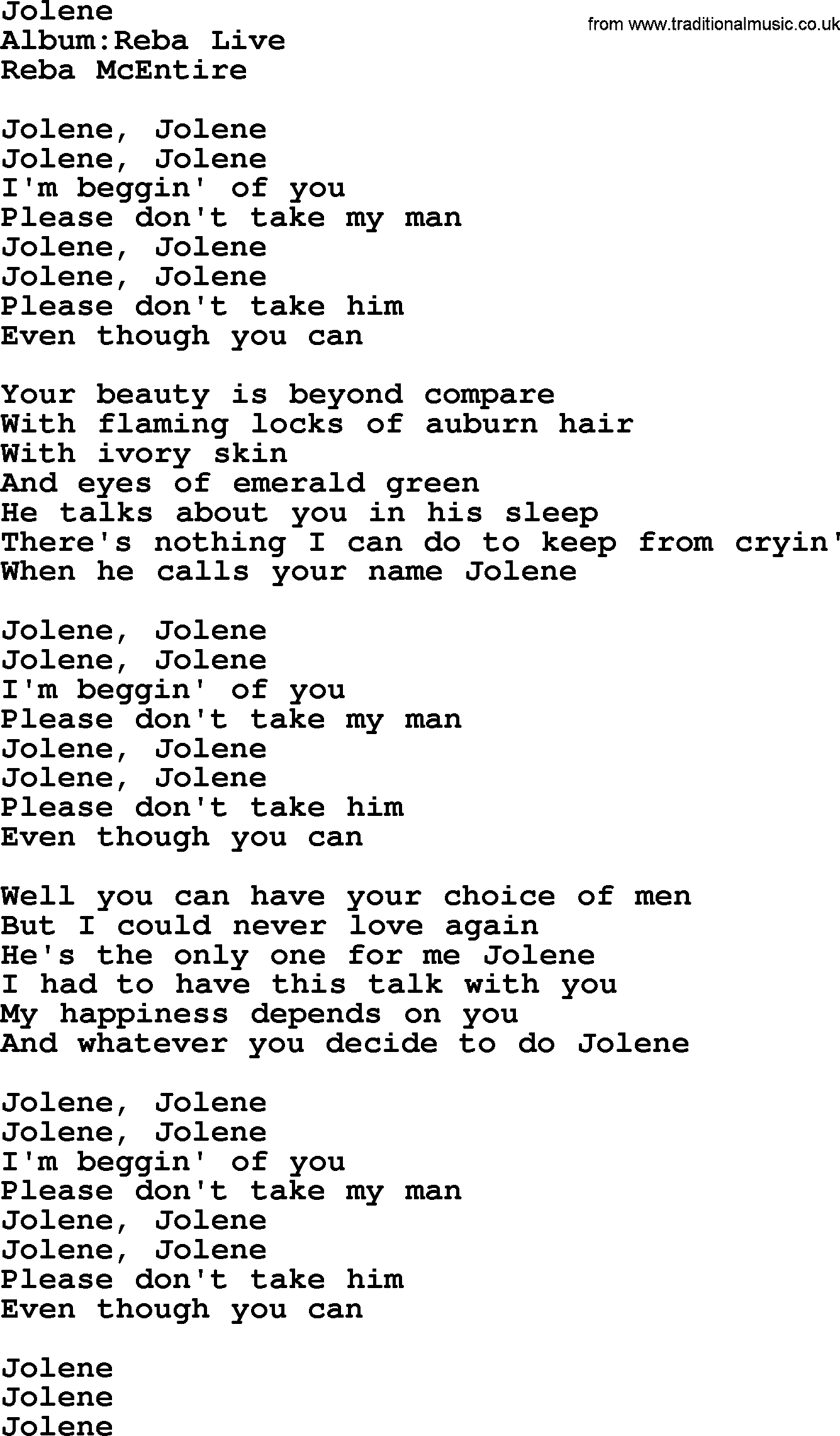 Reba McEntire song: Jolene lyrics