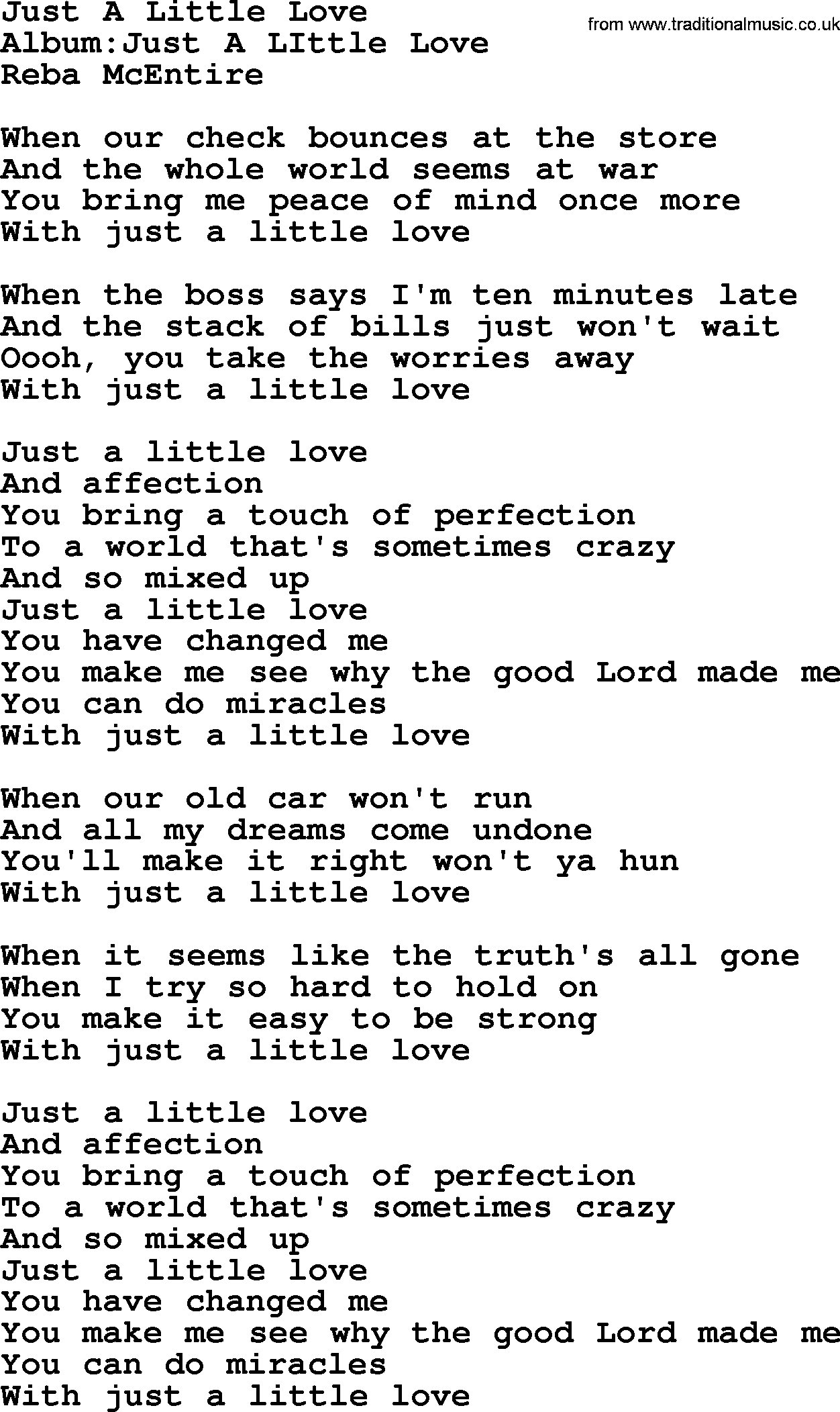 Reba McEntire song: Just A Little Love lyrics