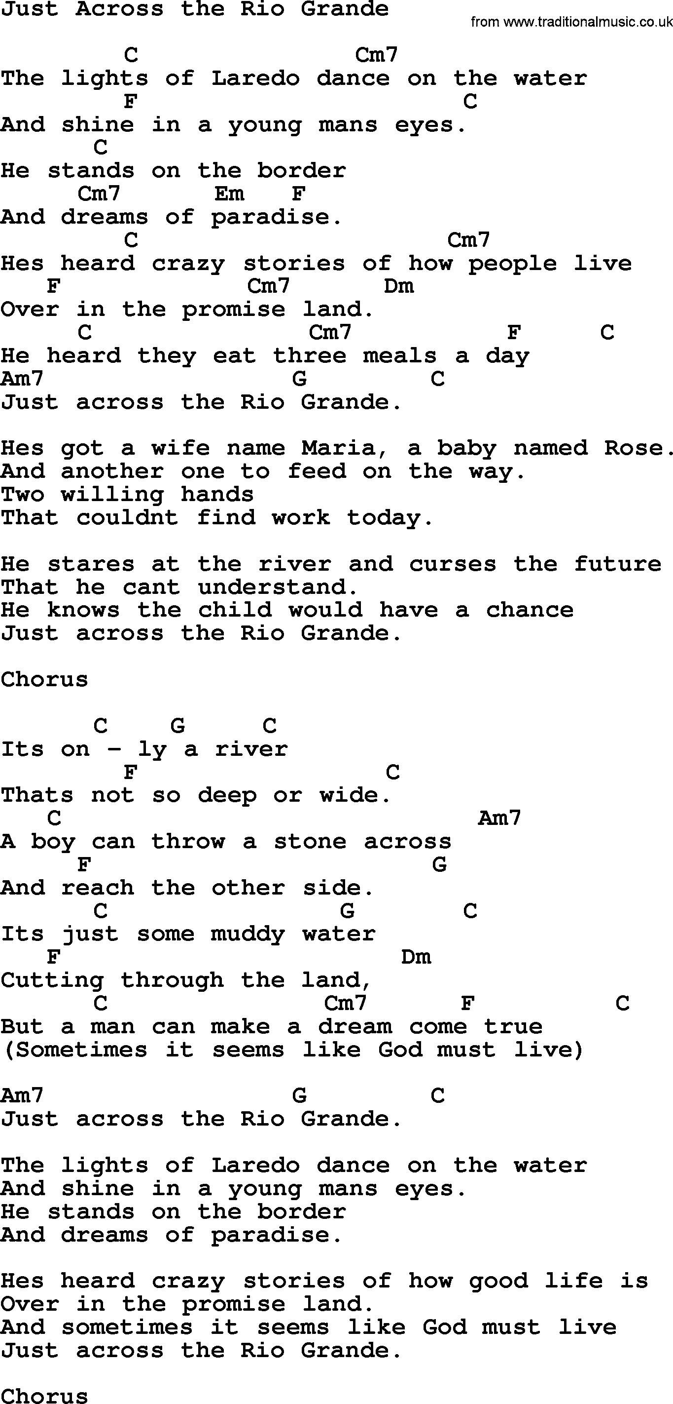 Reba McEntire song: Just Across the Rio Grande, lyrics and chords