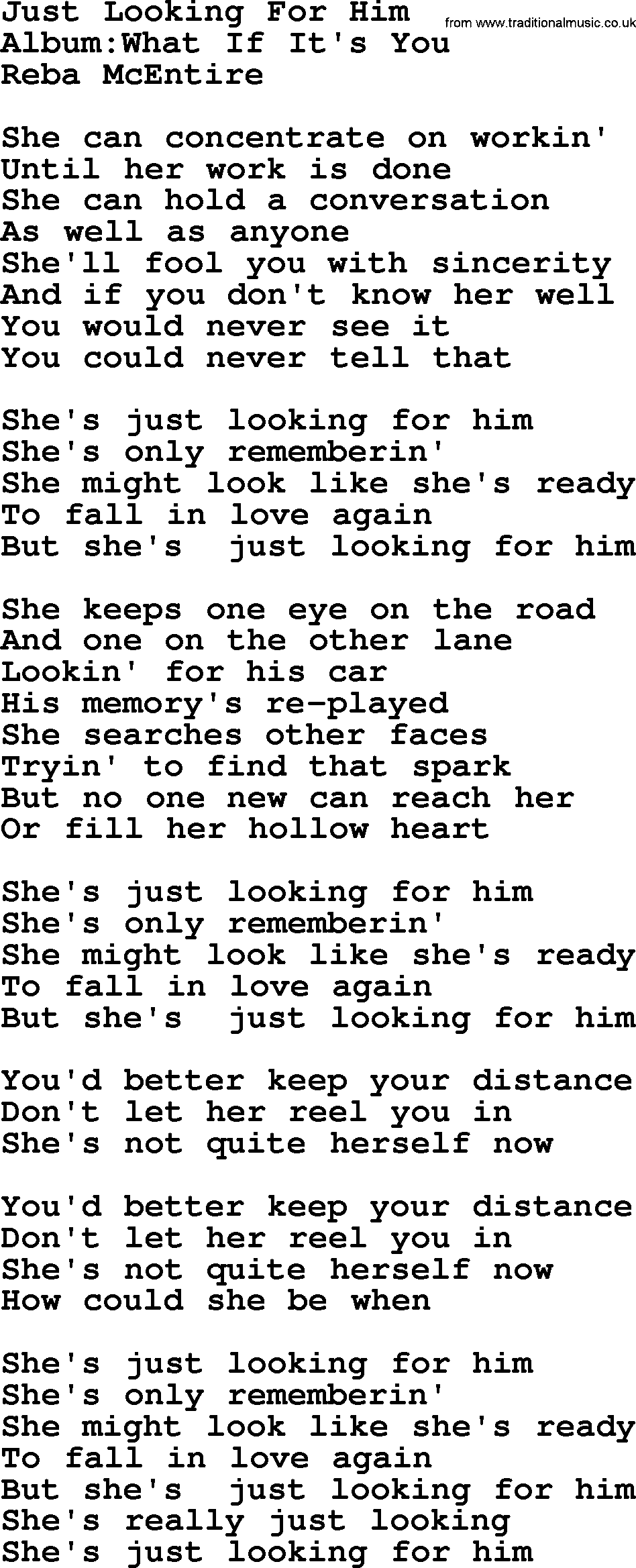 Reba McEntire song: Just Looking For Him lyrics