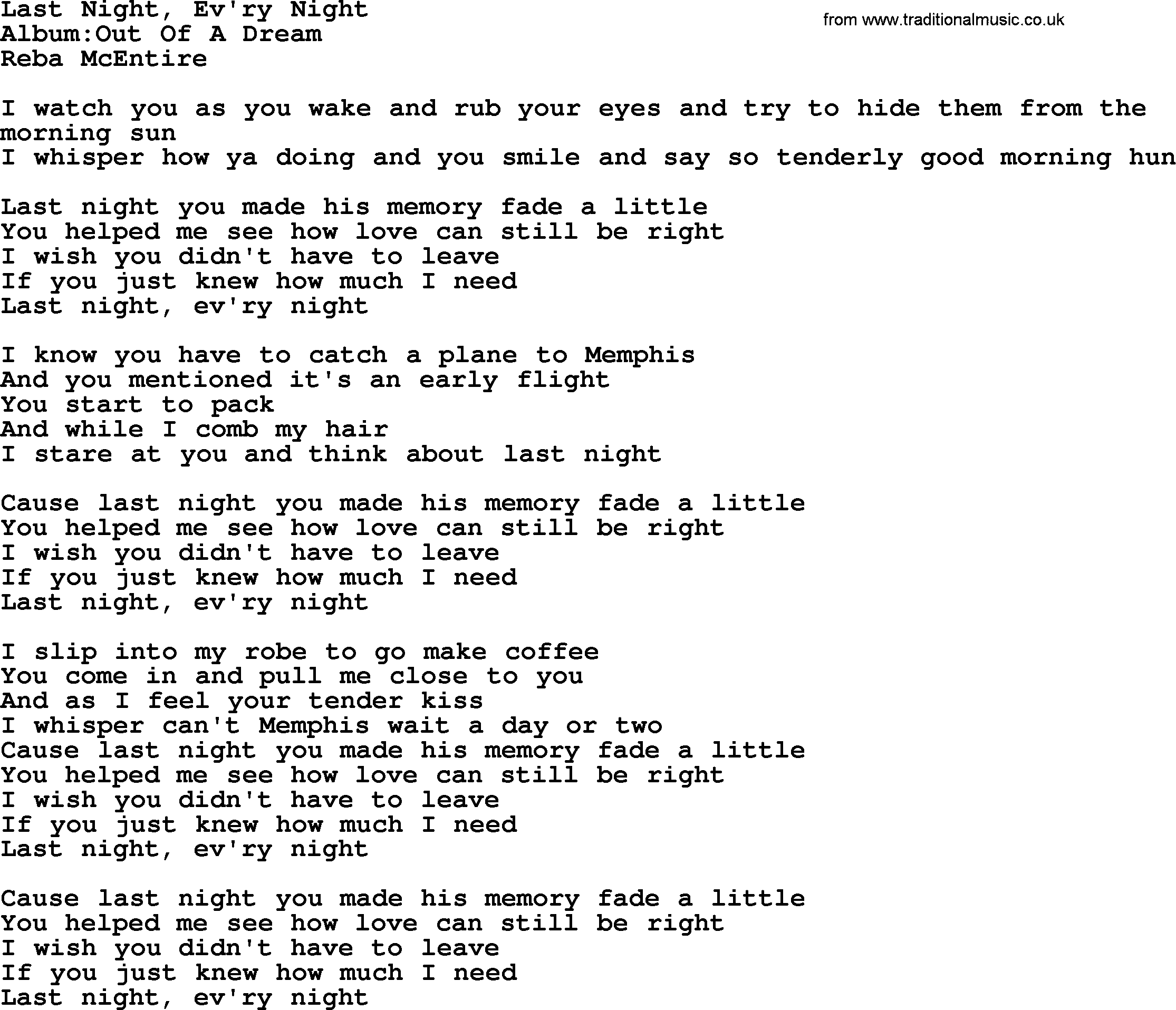 Reba McEntire song: Last Night, Ev'ry Night lyrics