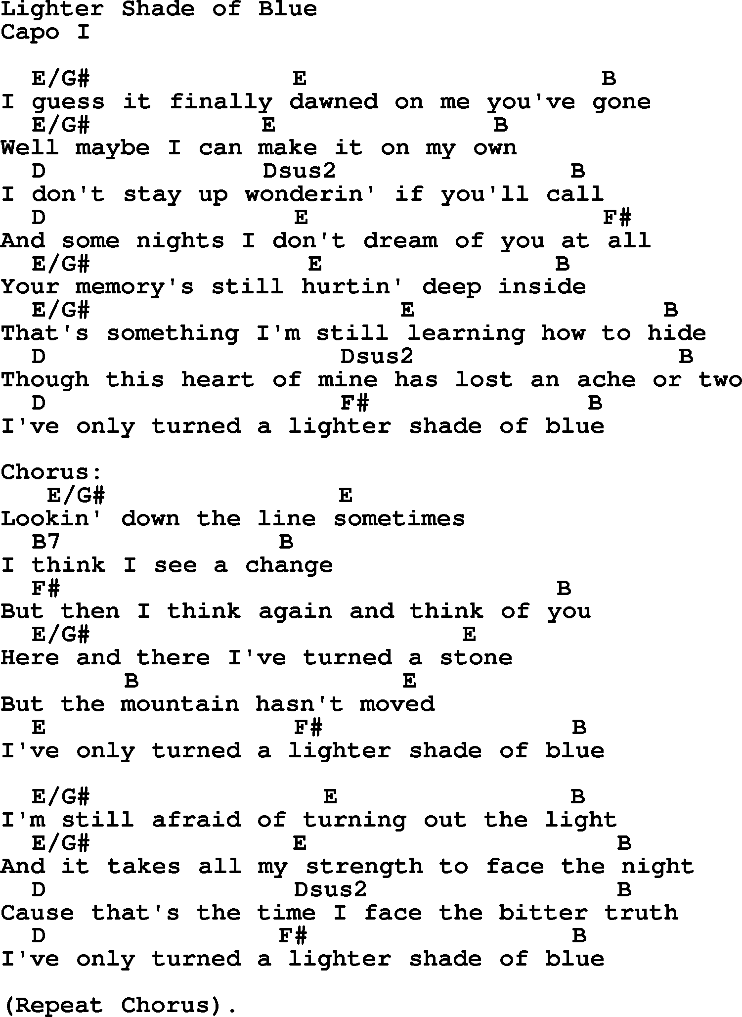 Reba McEntire song: Lighter Shade of Blue, lyrics and chords