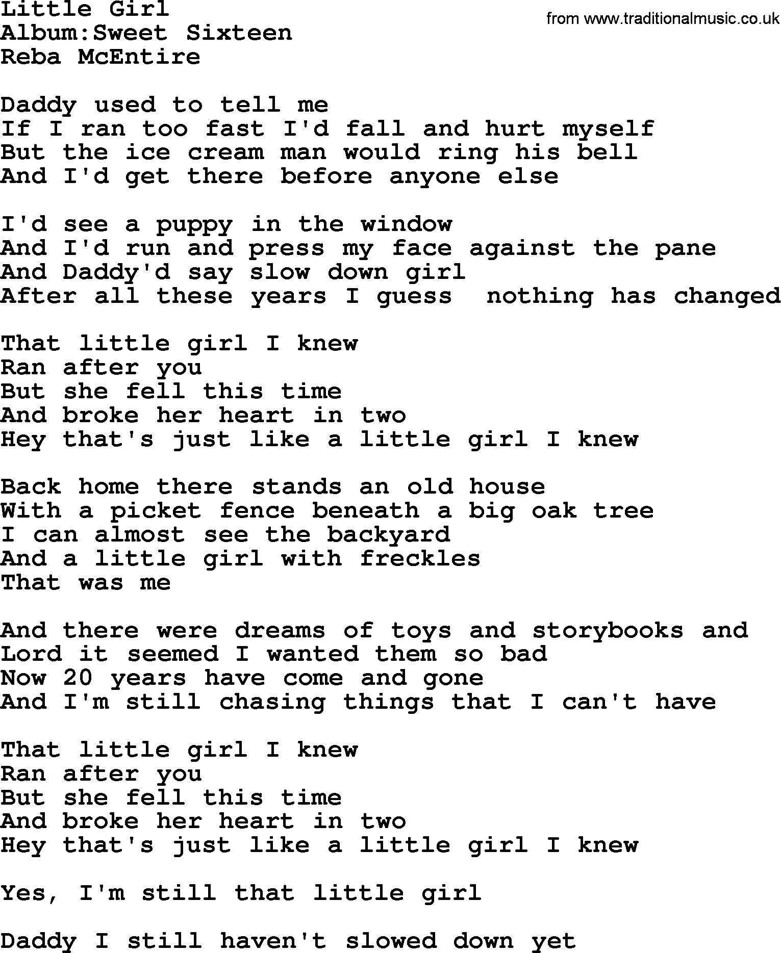 Reba McEntire song: Little Girl lyrics