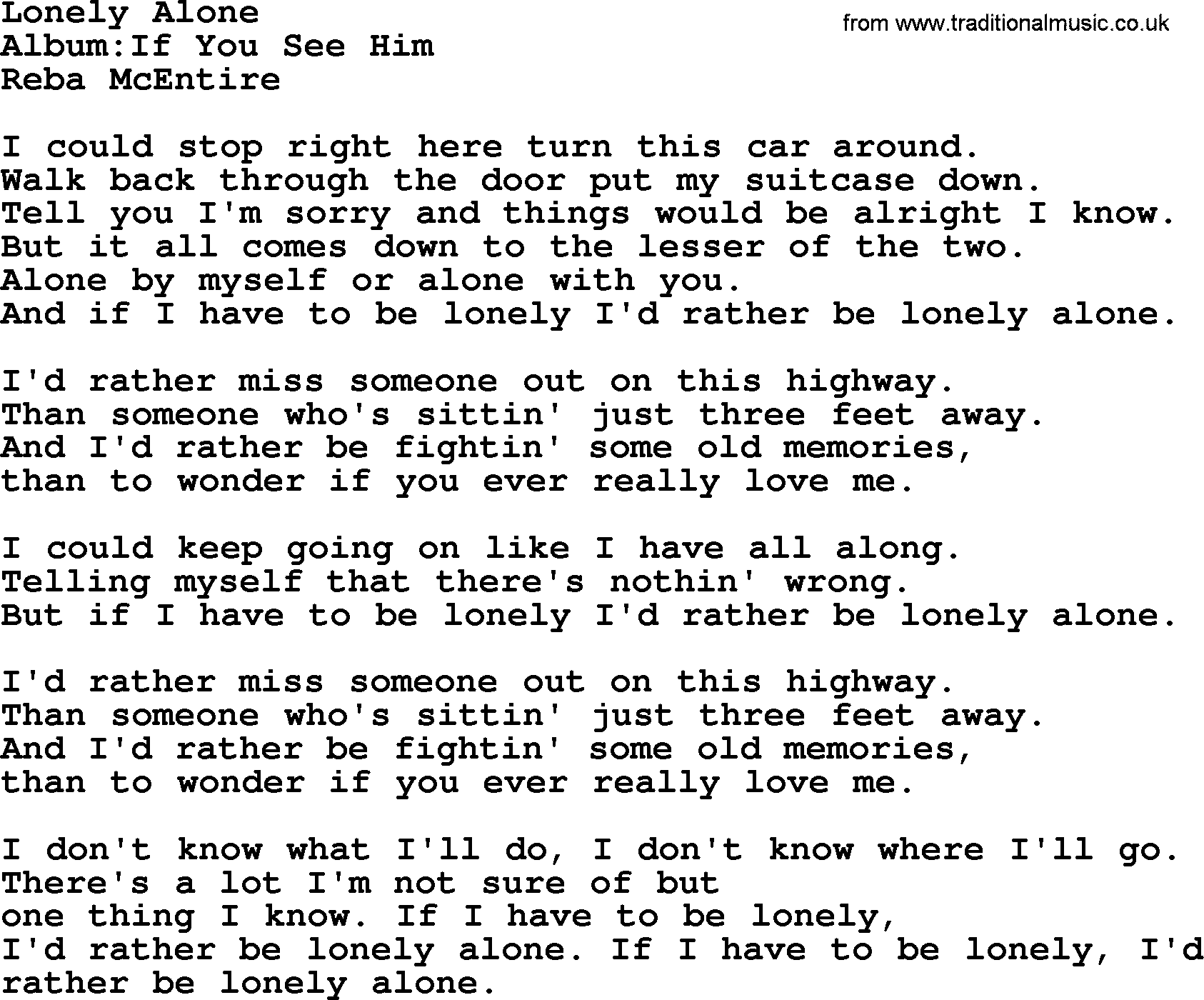 Reba McEntire song: Lonely Alone lyrics