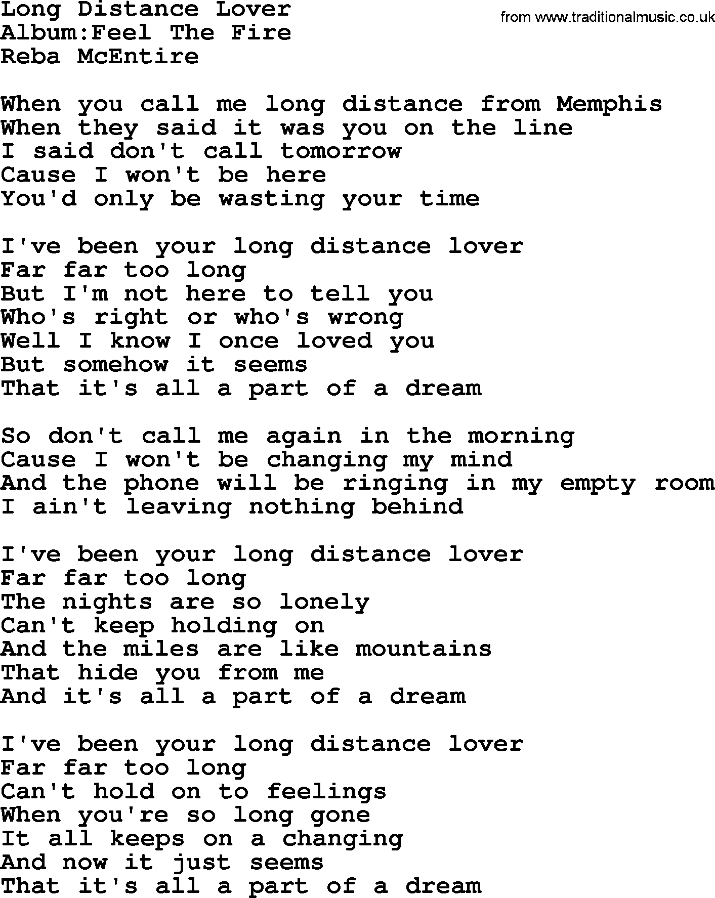 Reba McEntire song: Long Distance Lover lyrics