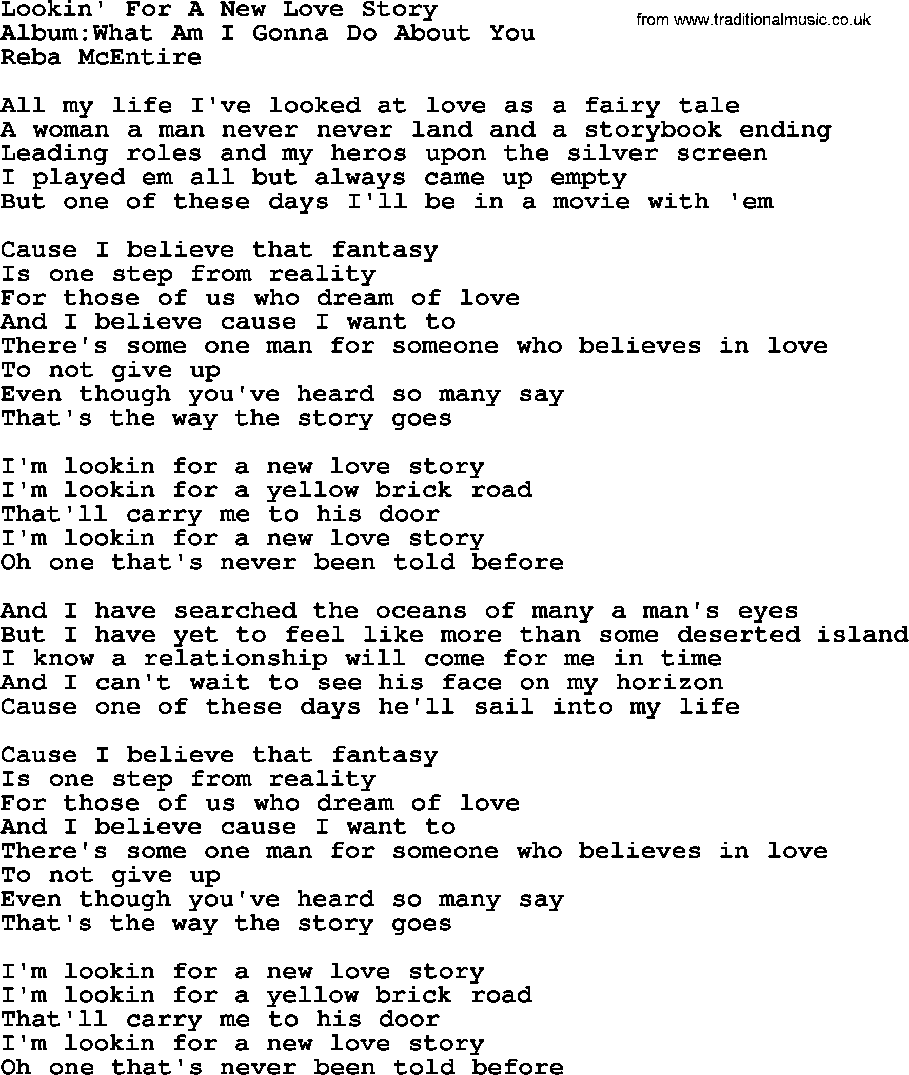 Reba McEntire song: Lookin' For A New Love Story lyrics