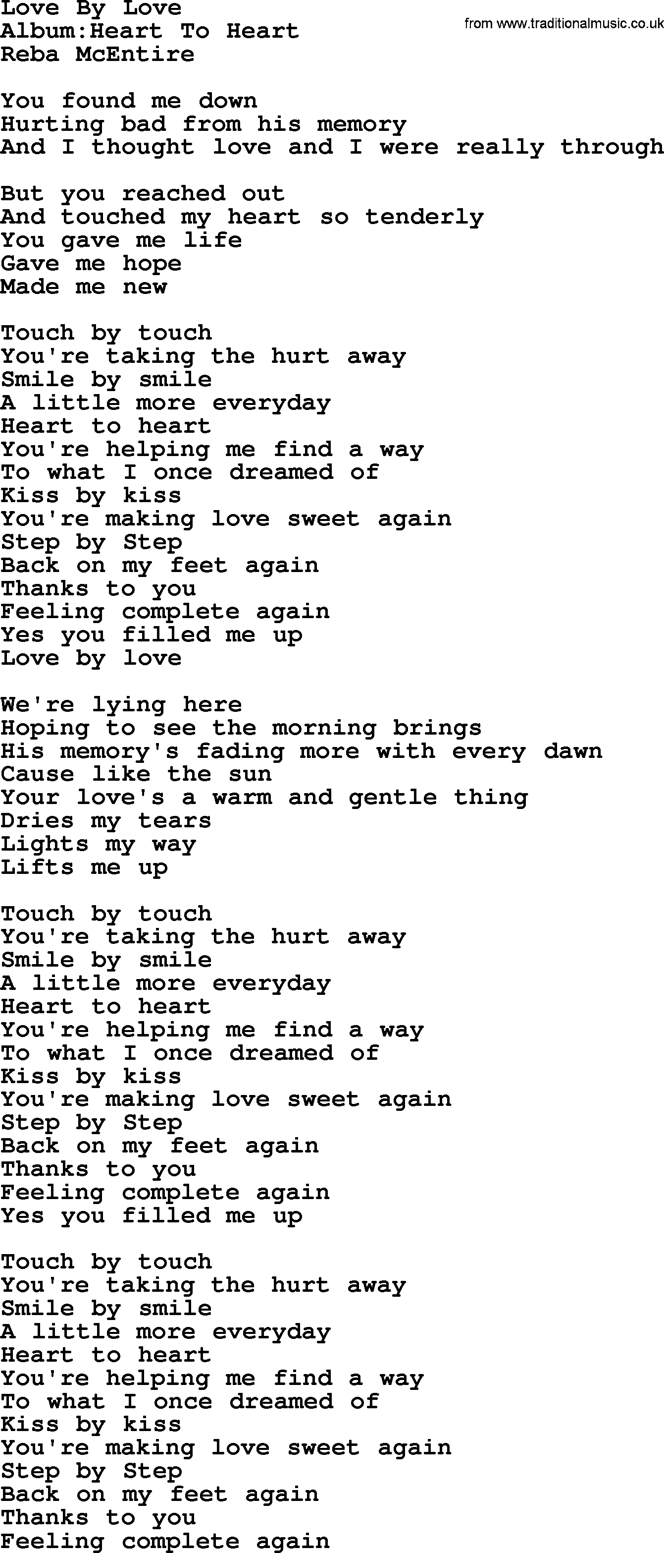 Reba McEntire song: Love By Love lyrics