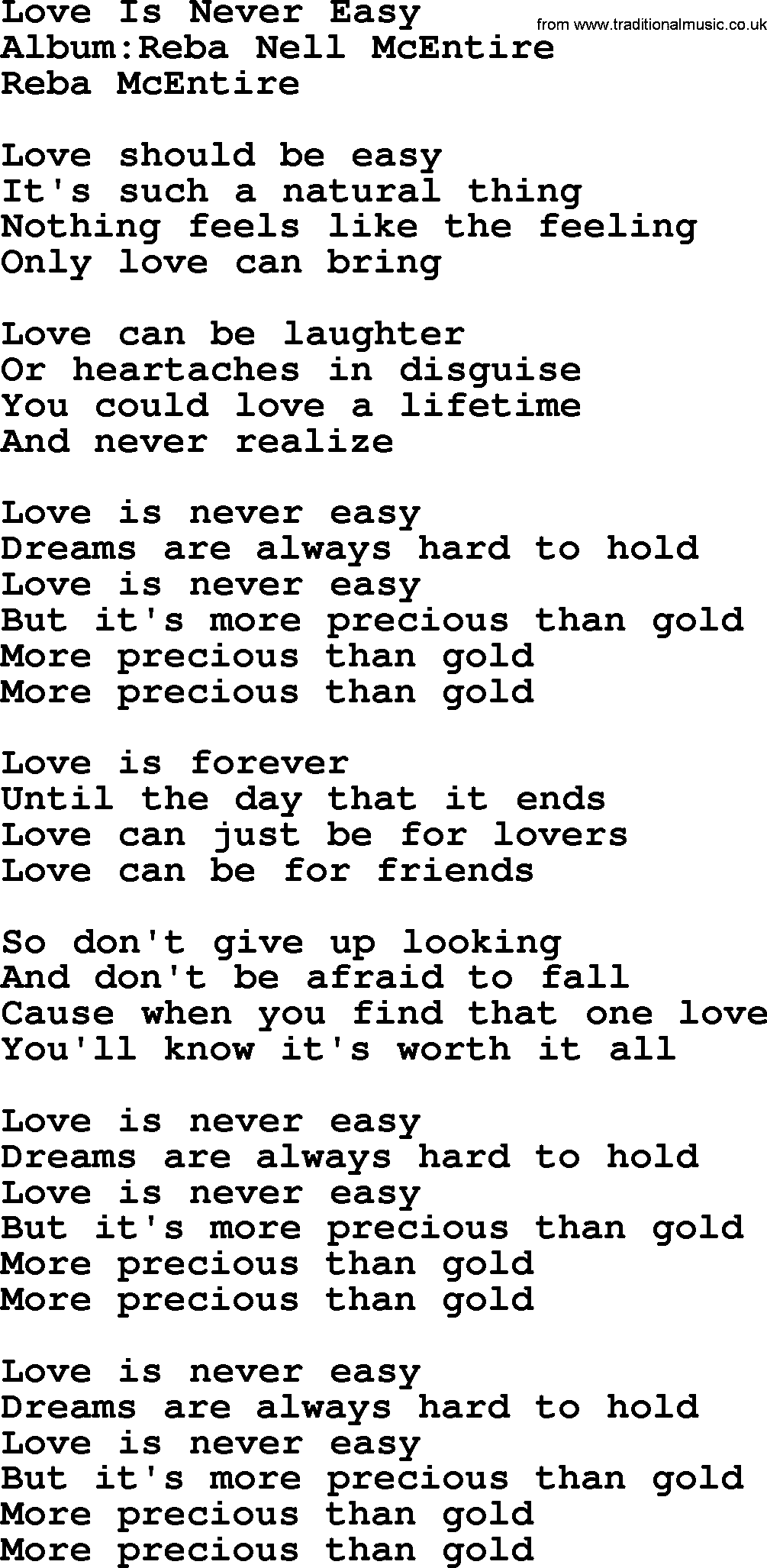 Reba McEntire song: Love Is Never Easy lyrics