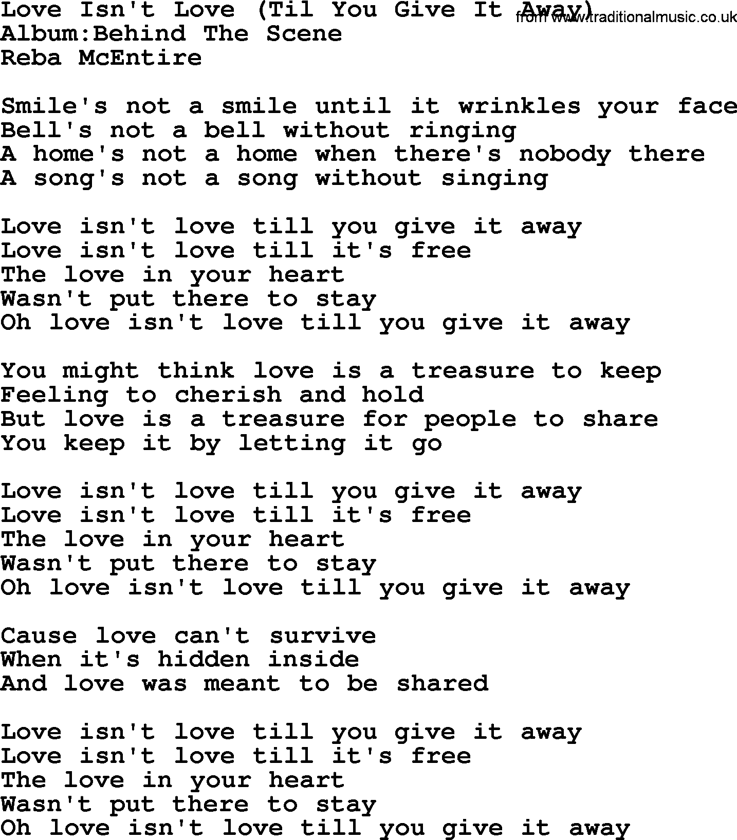 Reba McEntire song: Love Isn't Love Til You Give It Away lyrics