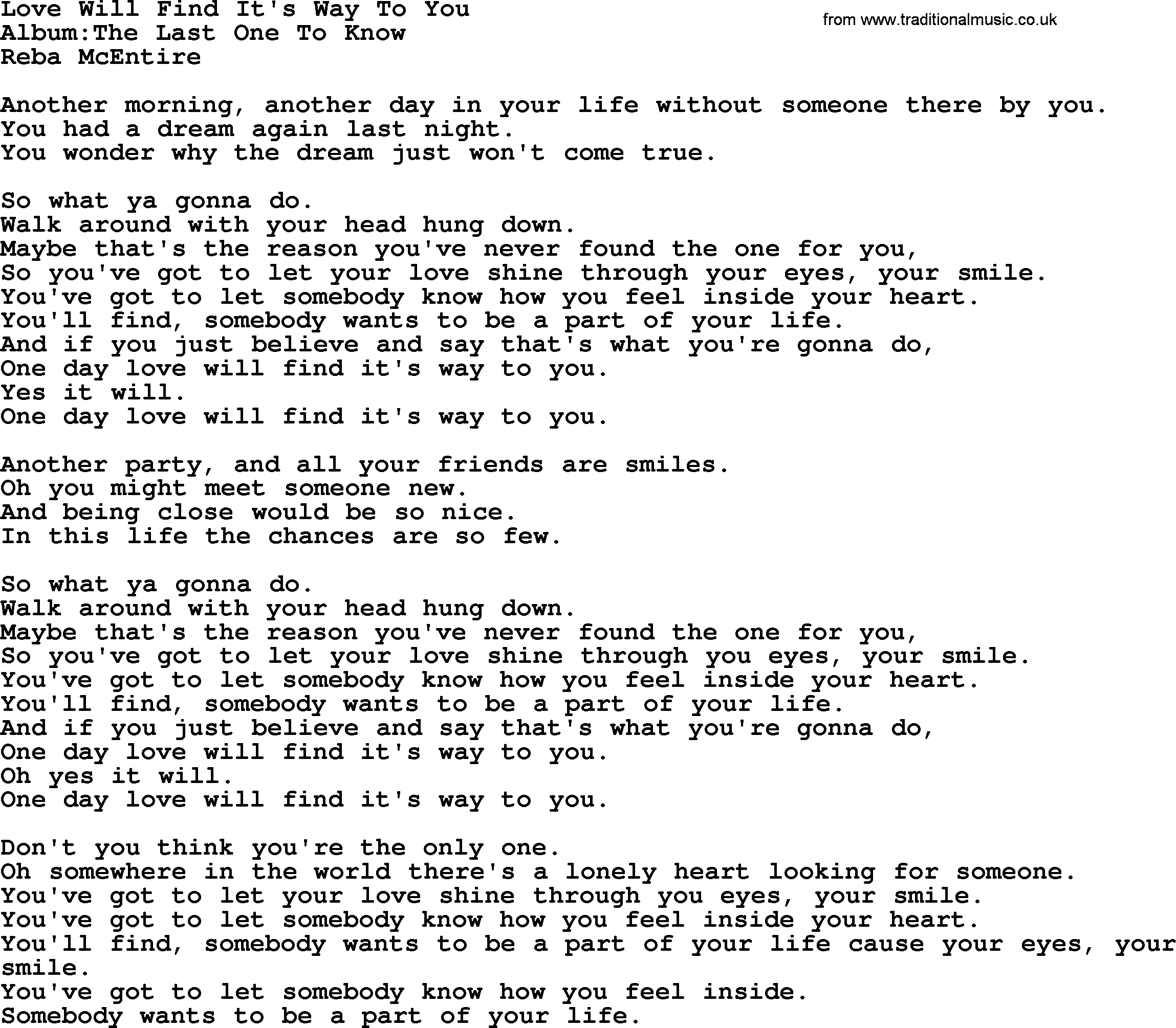 Reba McEntire song: Love Will Find It's Way To You lyrics