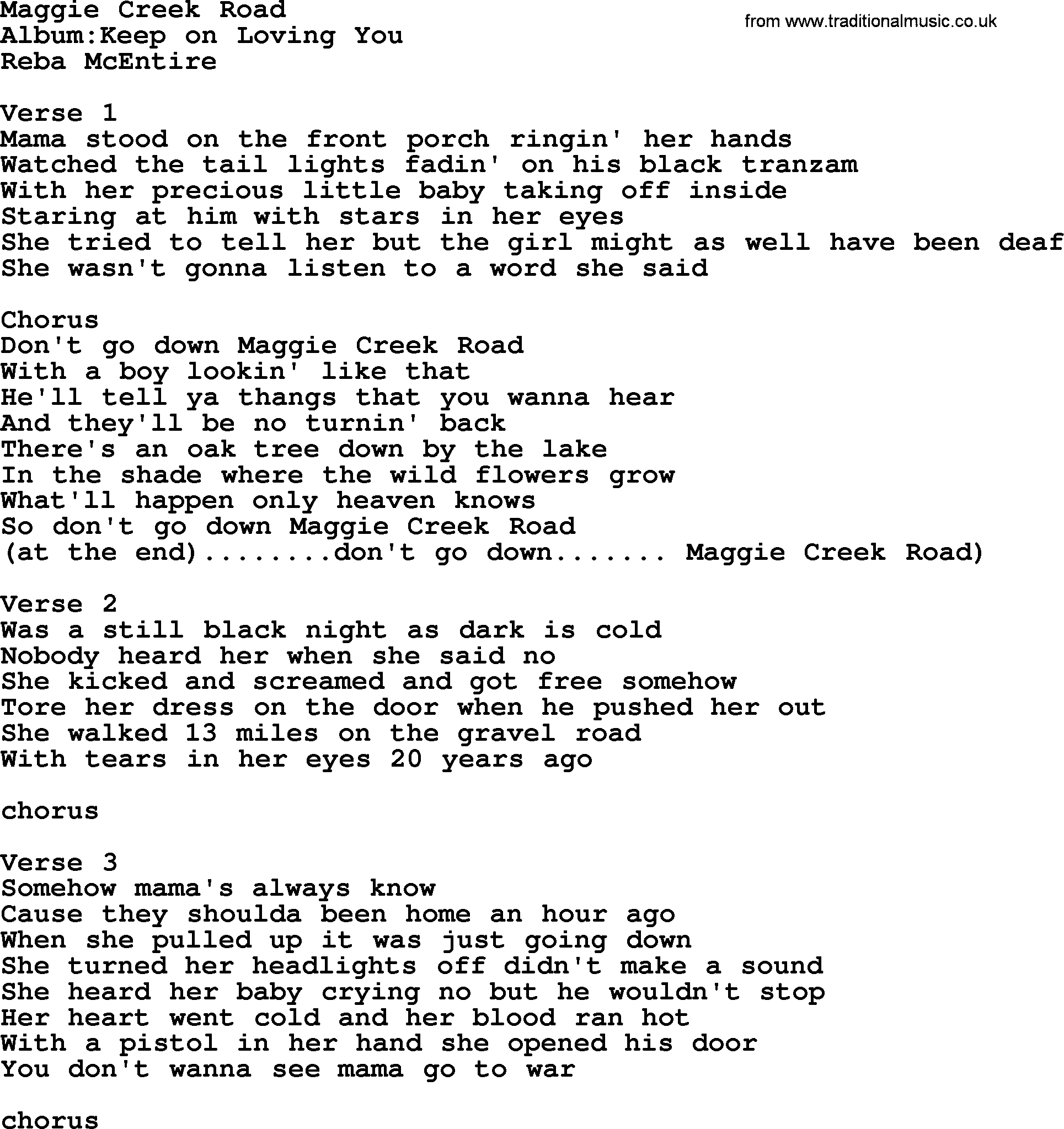 Reba McEntire song: Maggie Creek Road lyrics