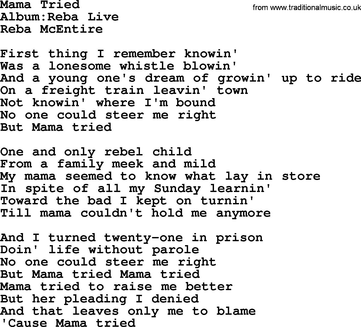 Reba McEntire song: Mama Tried lyrics