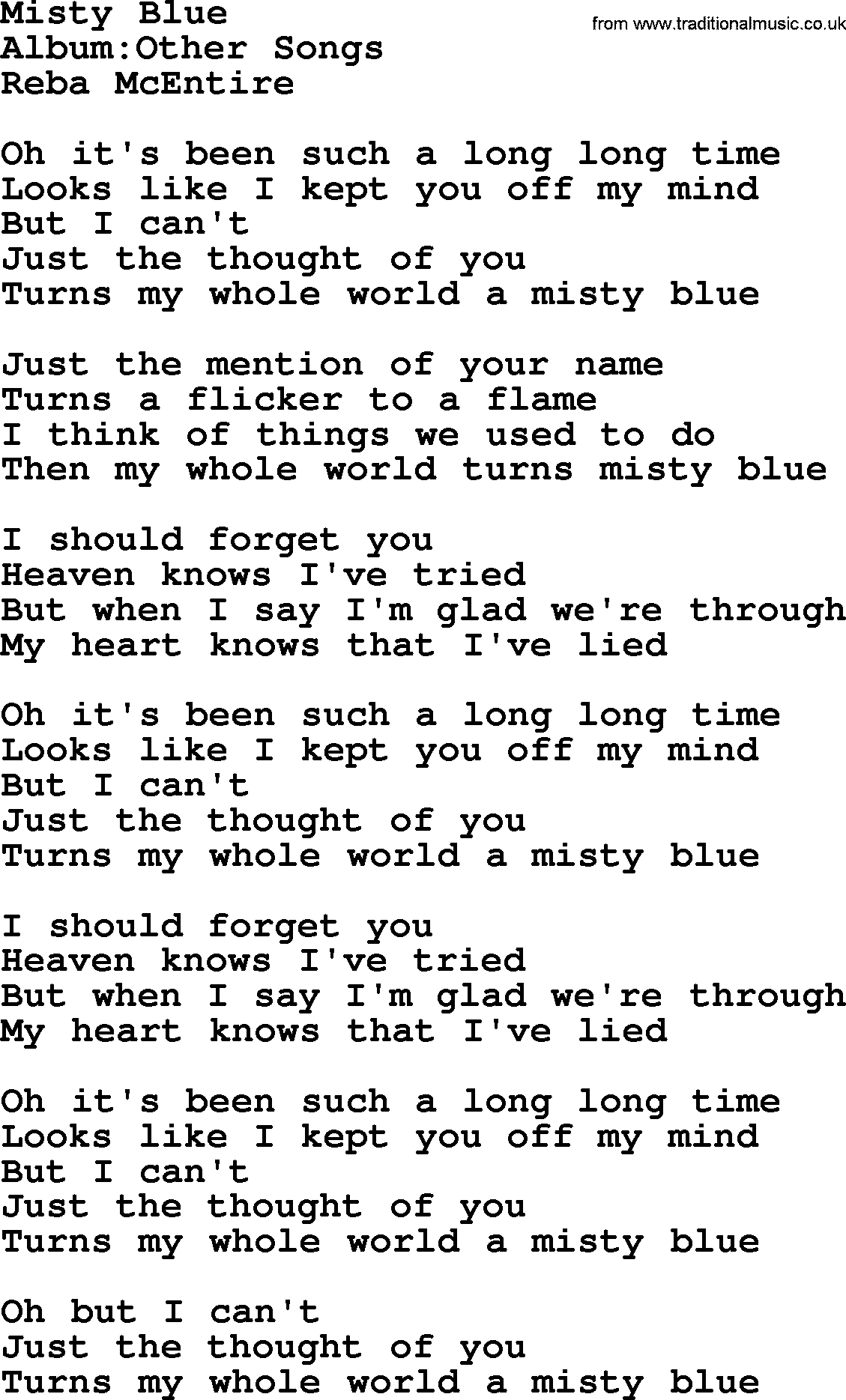Reba McEntire song: Misty Blue lyrics