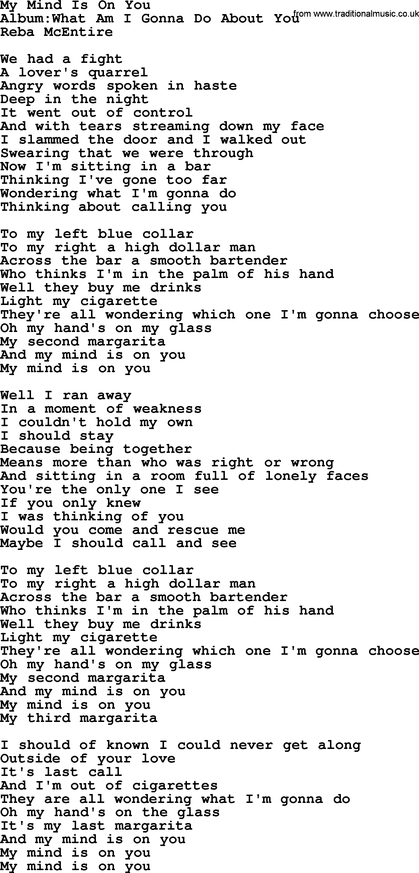 Reba McEntire song: My Mind Is On You lyrics