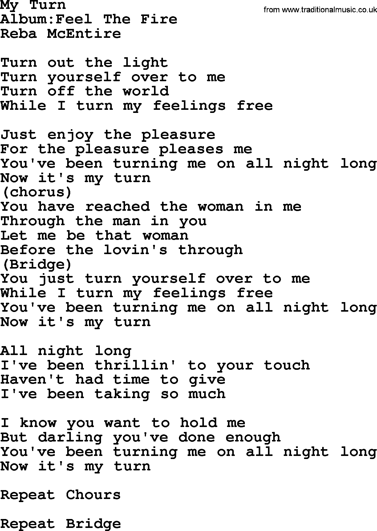 Reba McEntire song: My Turn lyrics