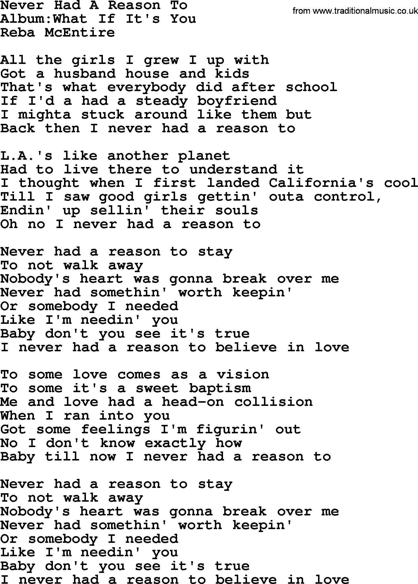 Reba McEntire song: Never Had A Reason To lyrics