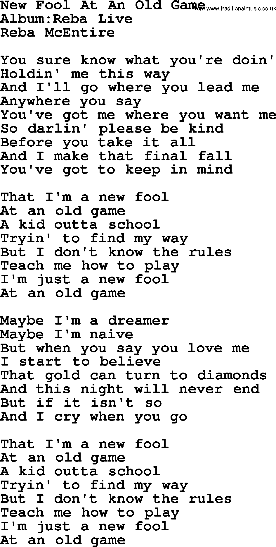 Reba McEntire song: New Fool At An Old Game lyrics