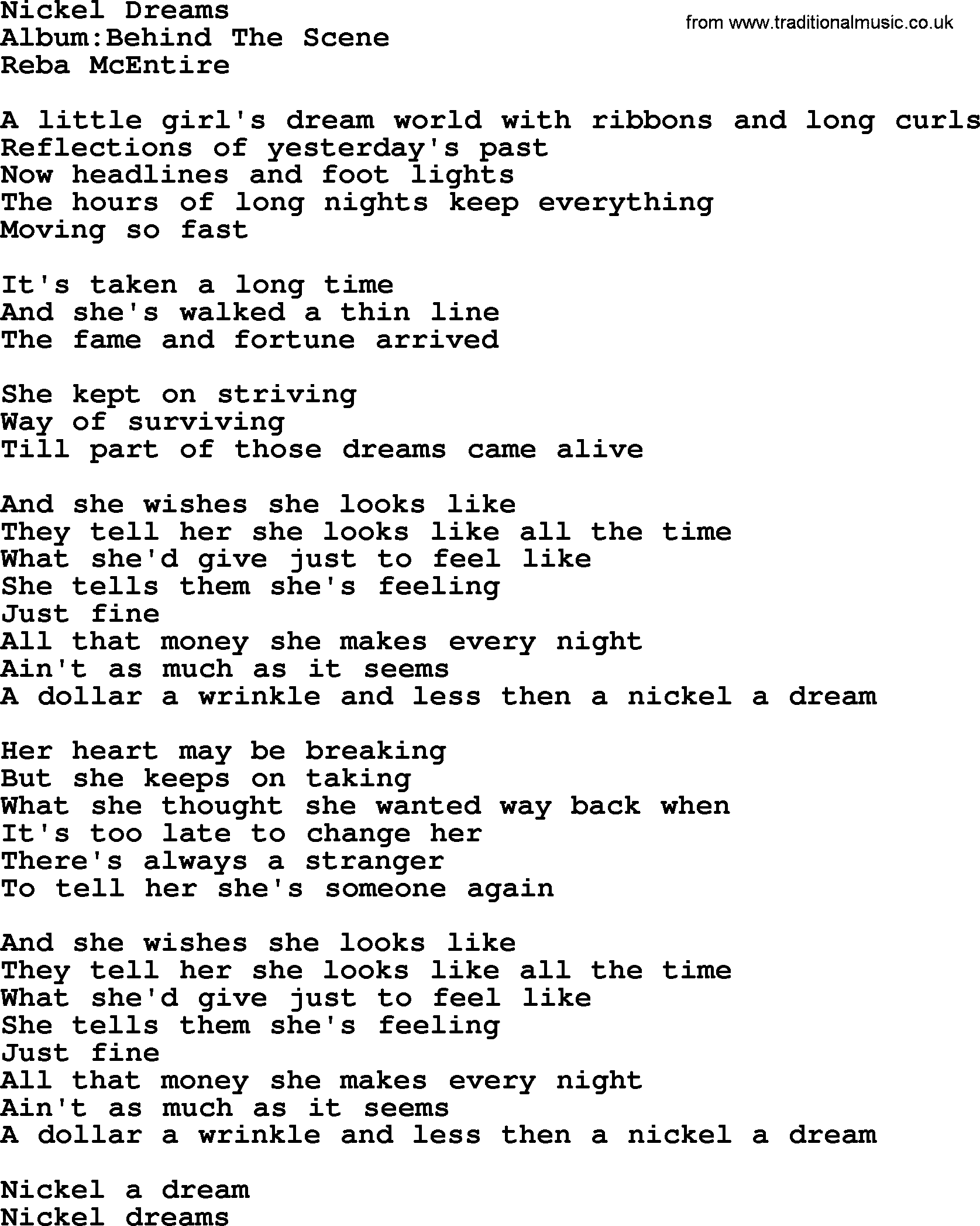 Reba McEntire song: Nickel Dreams lyrics