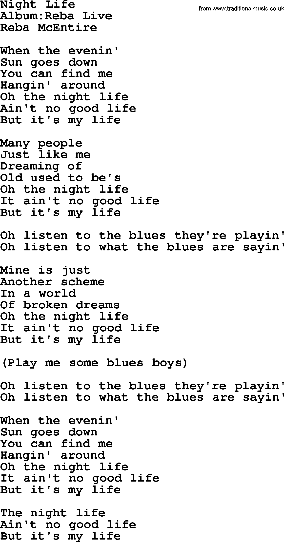 Reba McEntire song: Night Life lyrics
