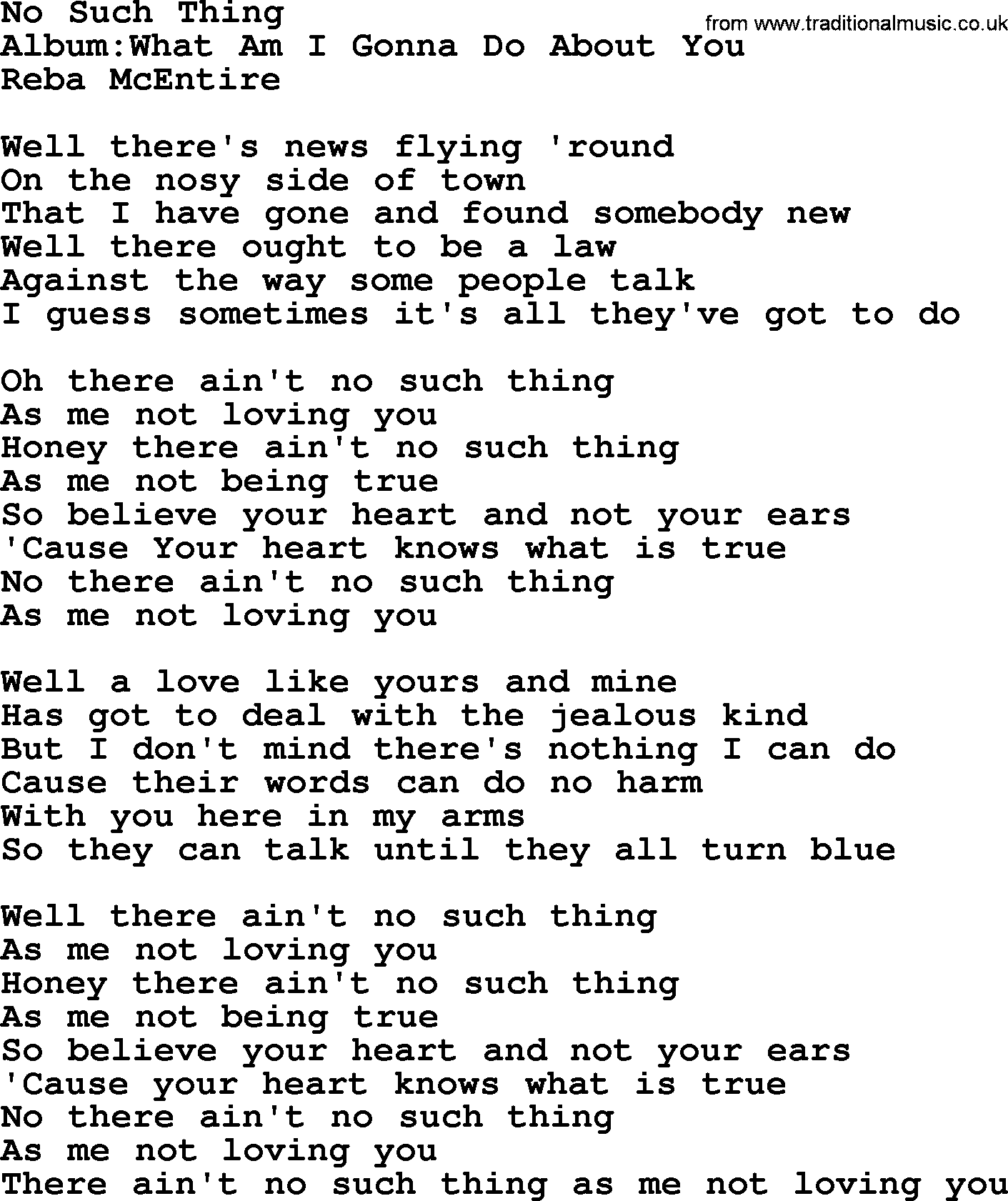 Reba McEntire song: No Such Thing lyrics
