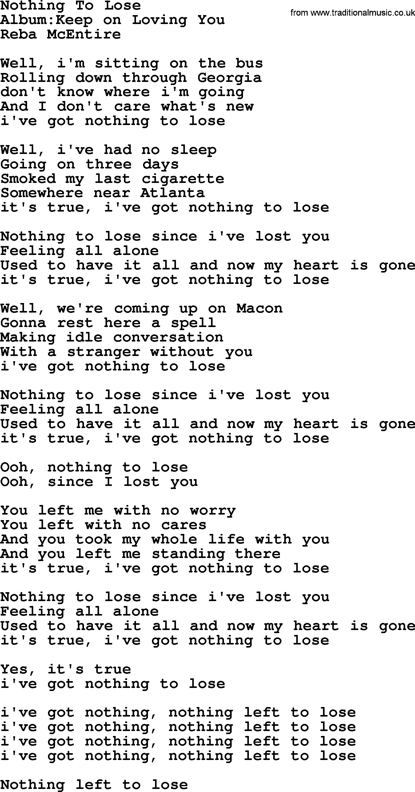 Reba McEntire song: Nothing To Lose lyrics