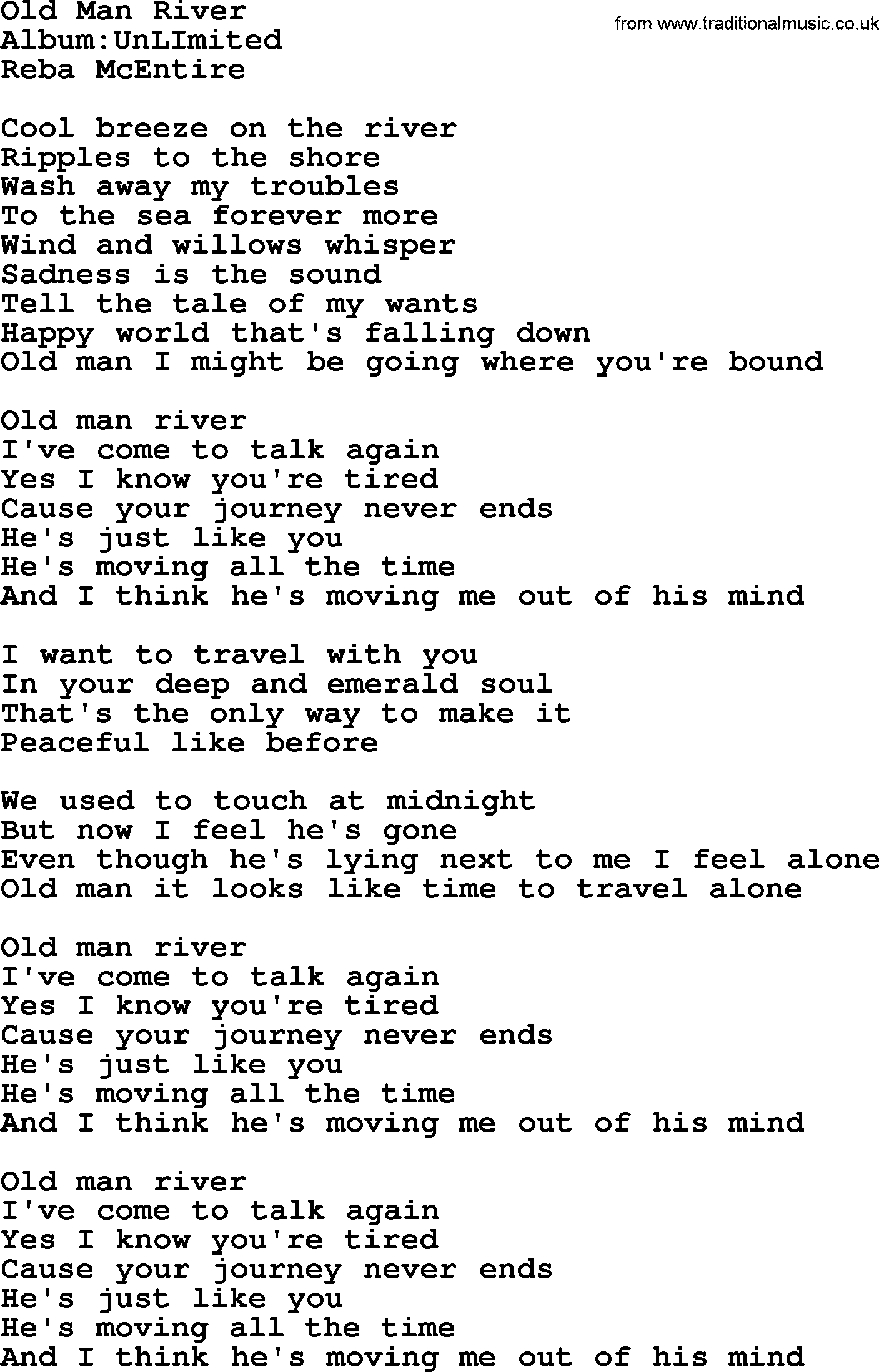 Reba McEntire song: Old Man River lyrics