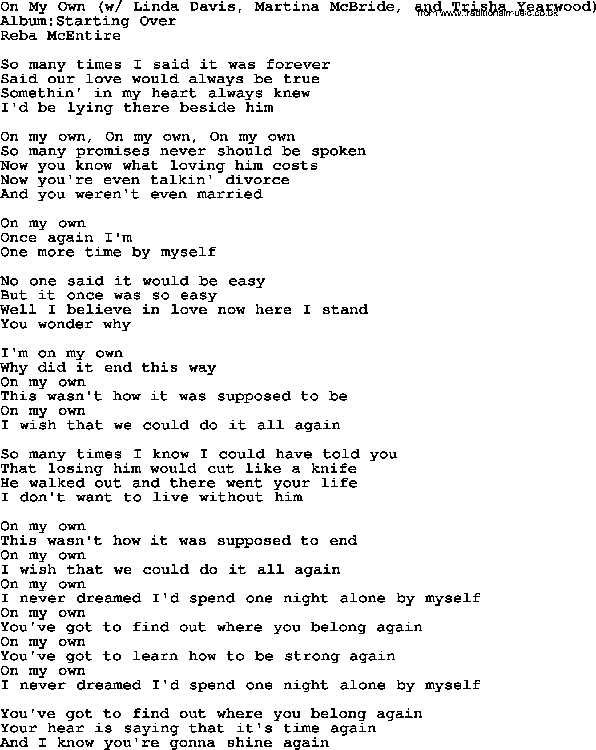Reba McEntire song: On My Own lyrics