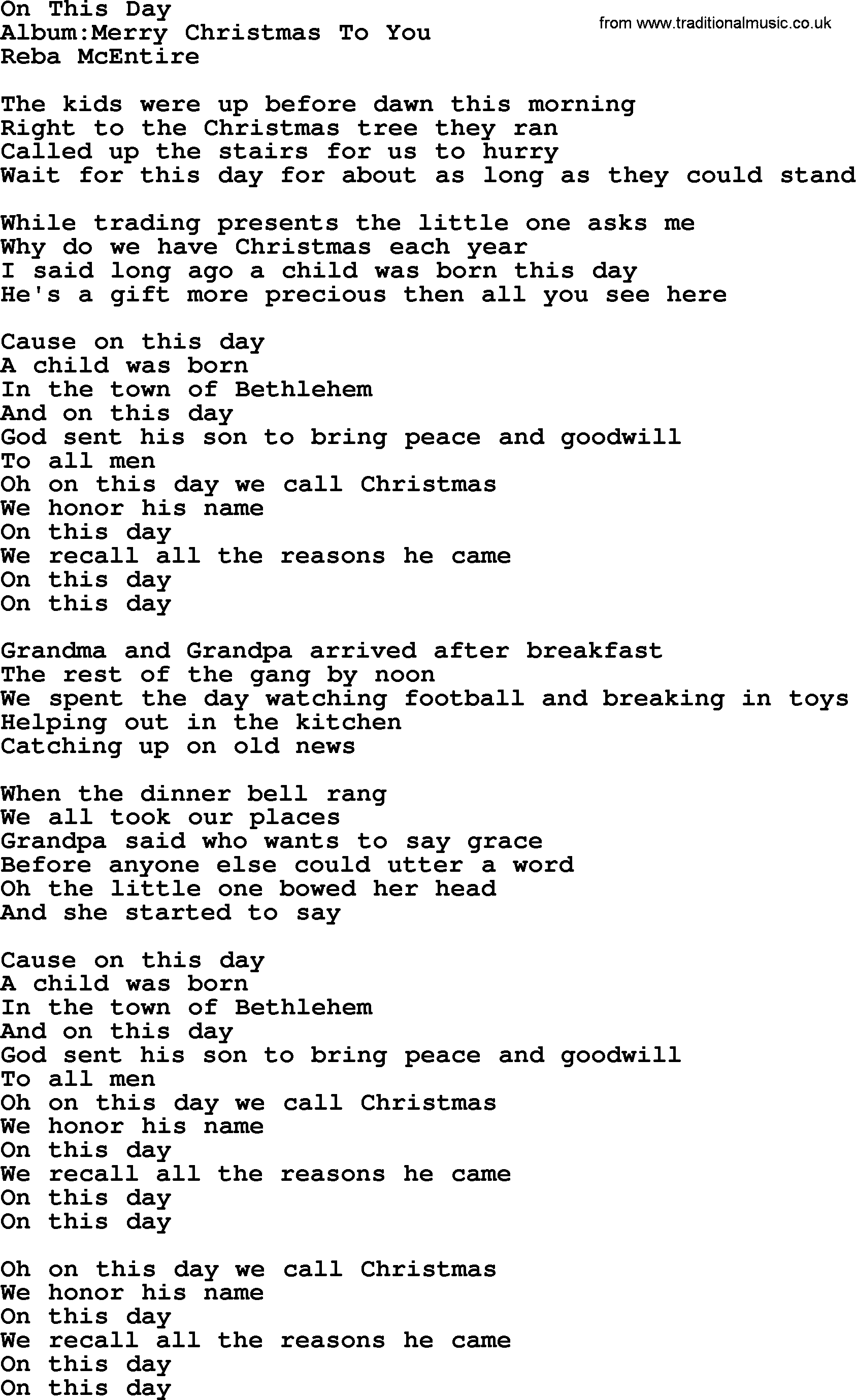 Reba McEntire song: On This Day lyrics