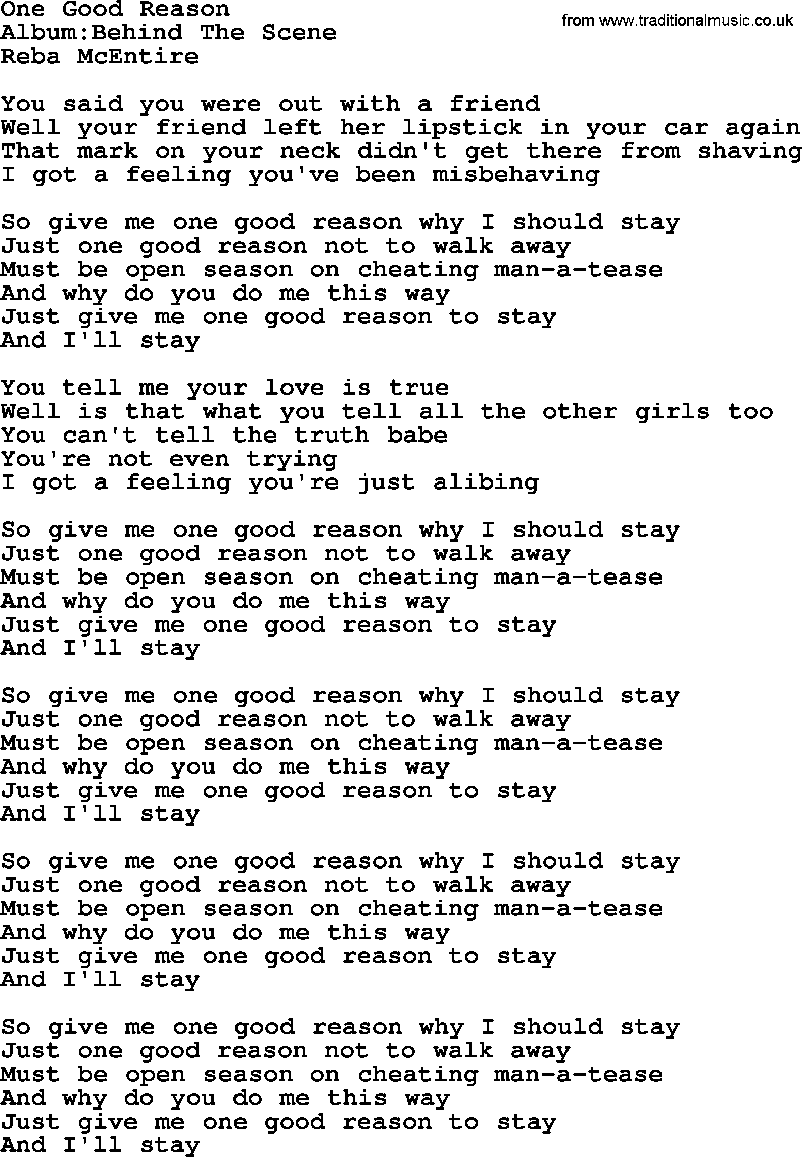 Reba McEntire song: One Good Reason lyrics