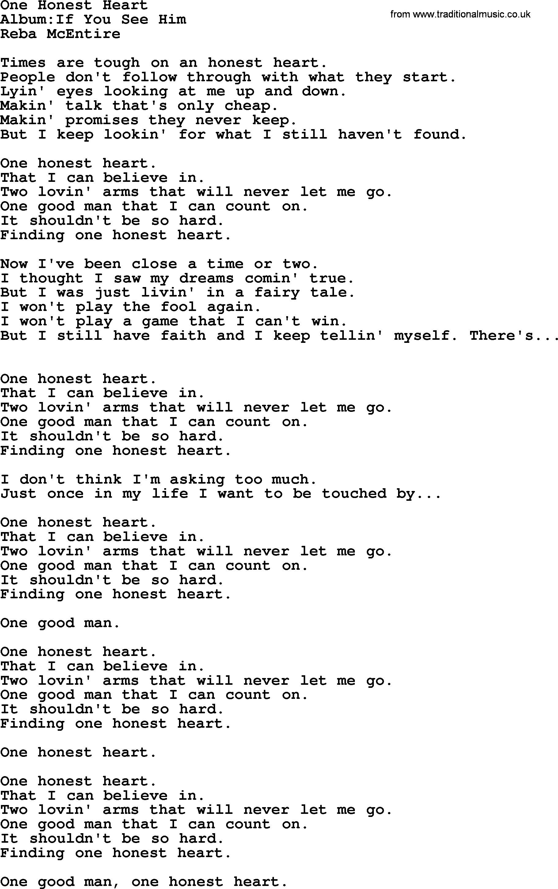 Reba McEntire song: One Honest Heart lyrics