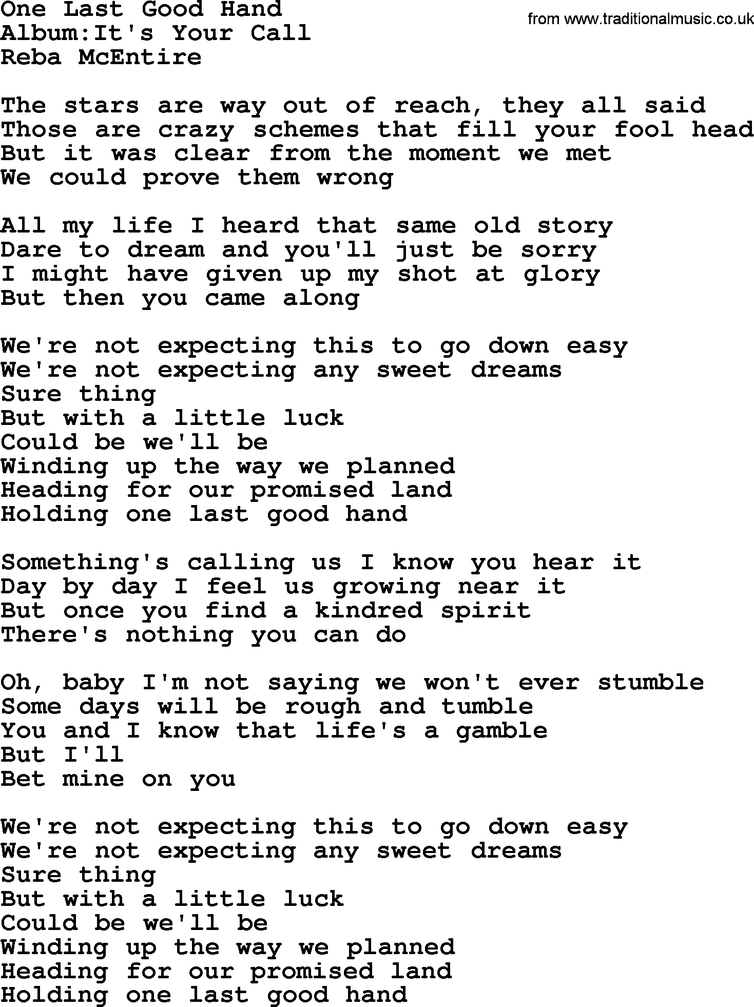 Reba McEntire song: One Last Good Hand lyrics