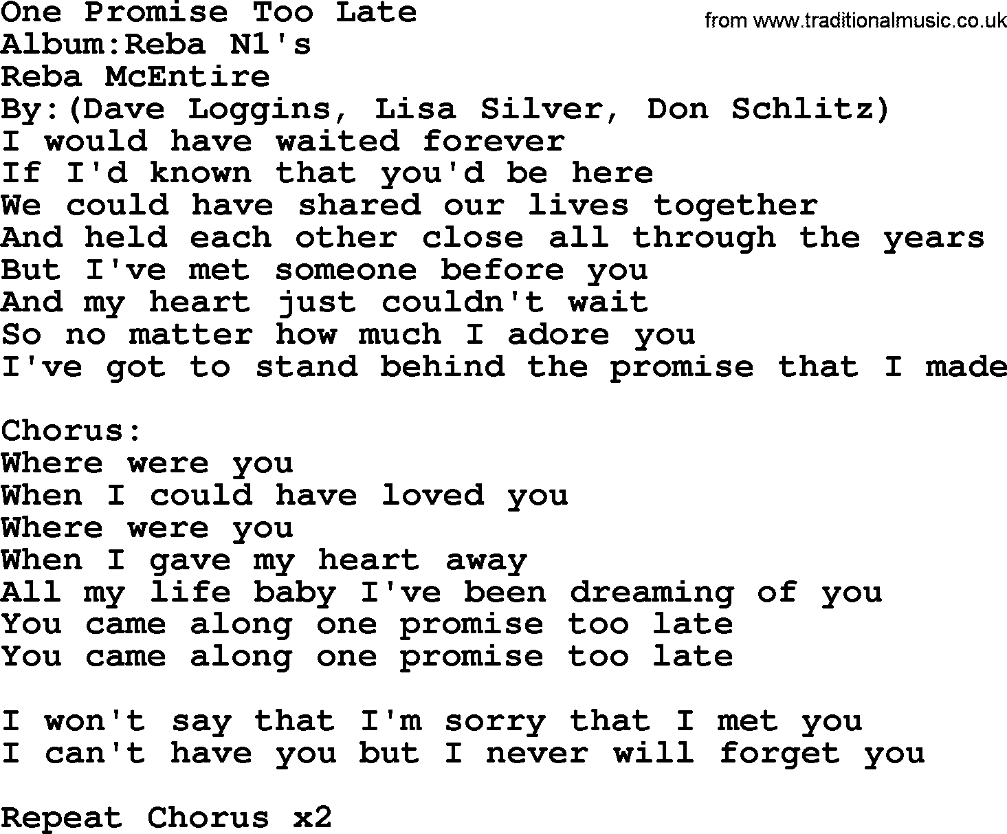 Reba McEntire song: One Promise Too Late lyrics