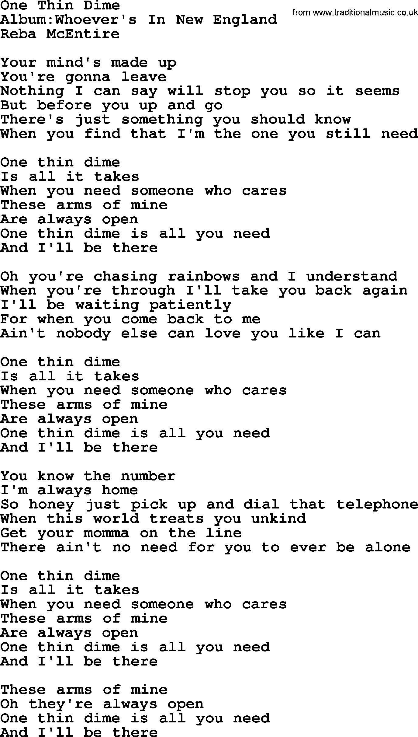 Reba McEntire song: One Thin Dime lyrics
