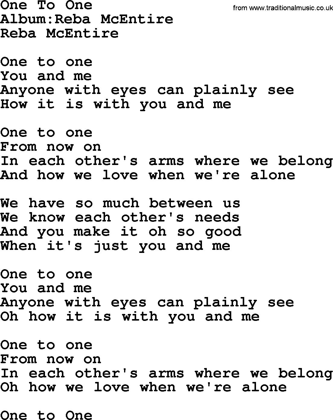 Reba McEntire song: One To One lyrics