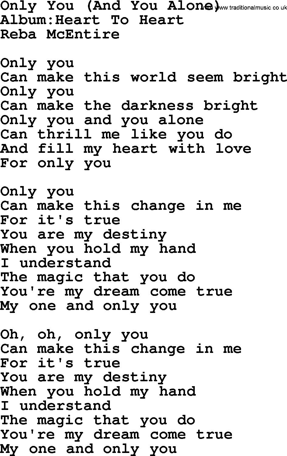 Reba McEntire song: Only You, And You Alone lyrics