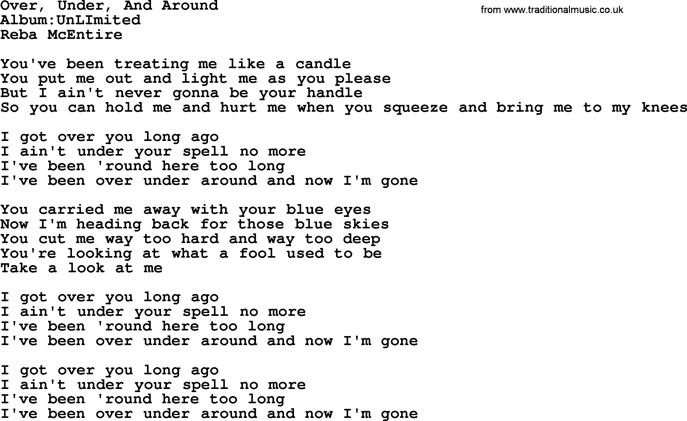 Reba McEntire song: Over, Under, And Around lyrics