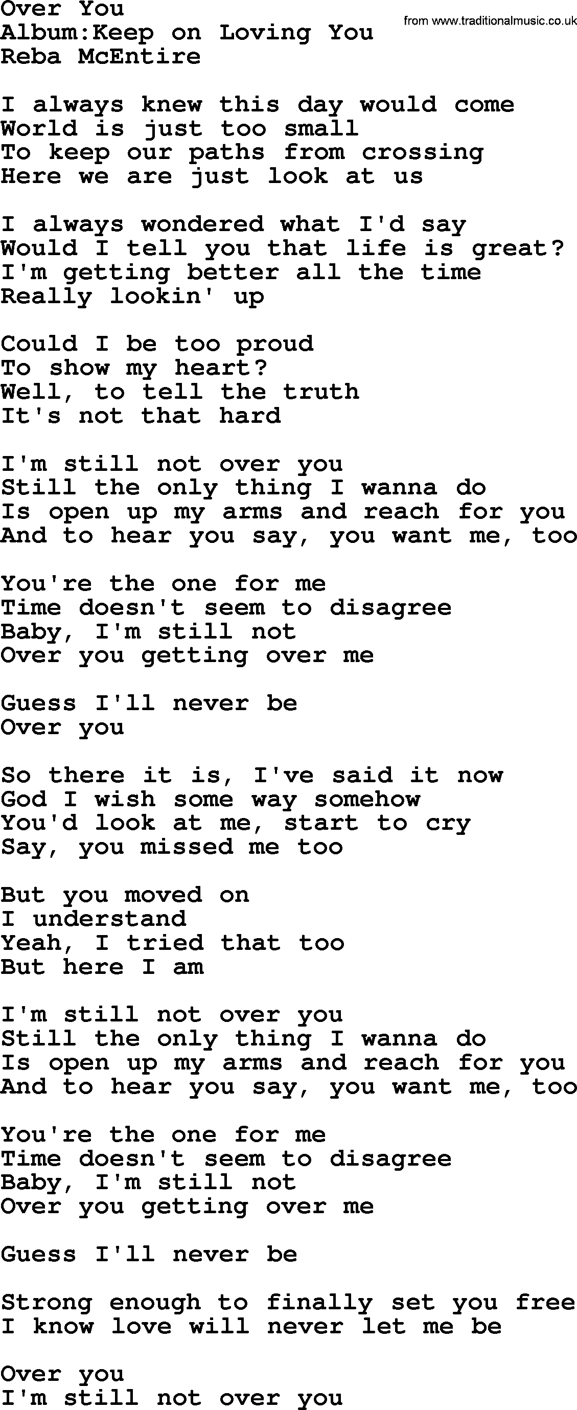 Reba McEntire song: Over You lyrics