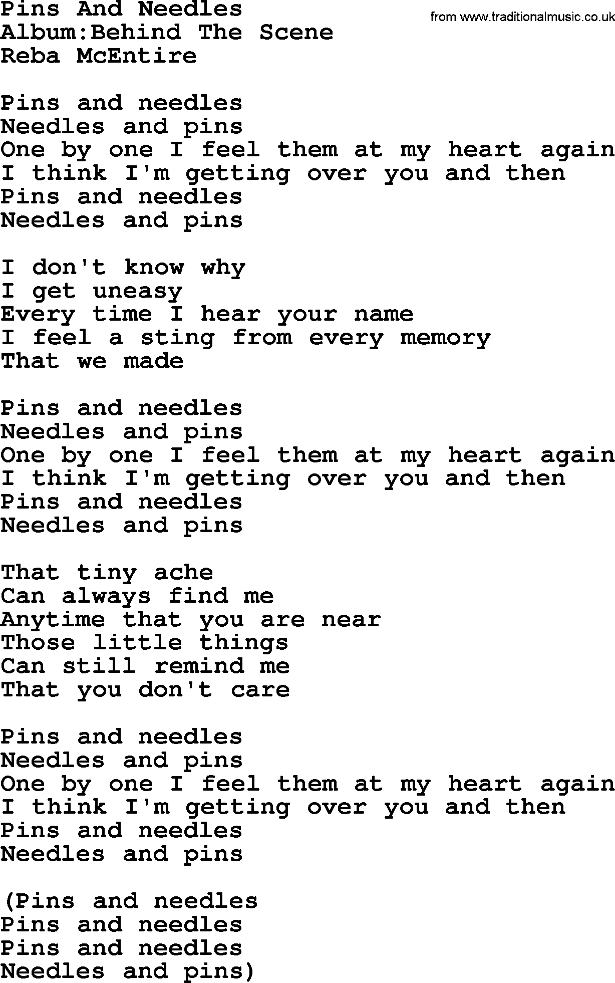 Reba McEntire song: Pins And Needles lyrics