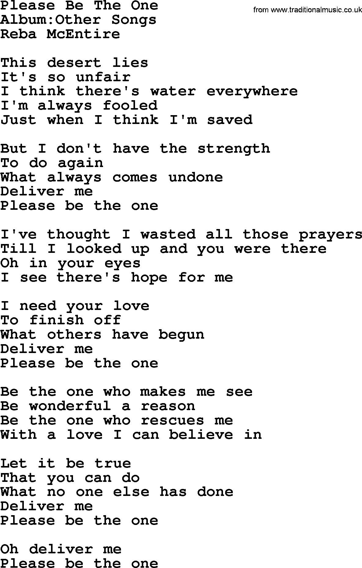 Reba McEntire song: Please Be The One lyrics