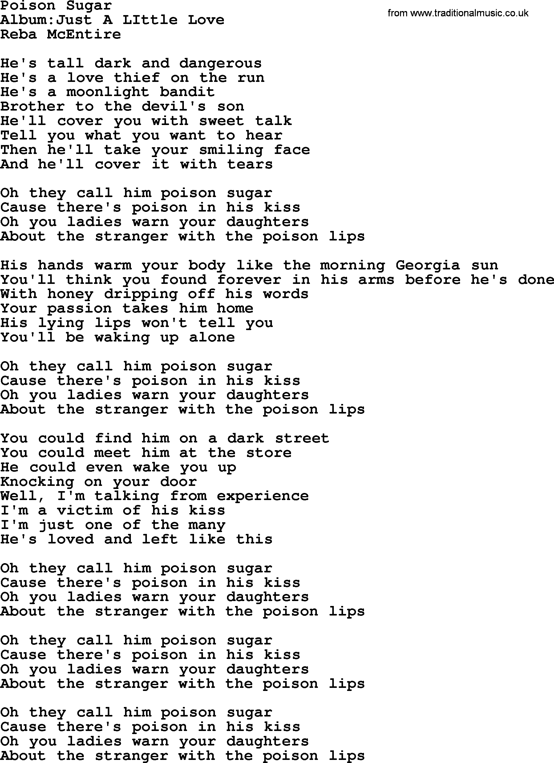 Reba McEntire song: Poison Sugar lyrics