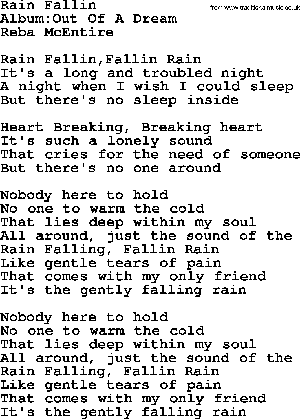 Reba McEntire song: Rain Fallin lyrics