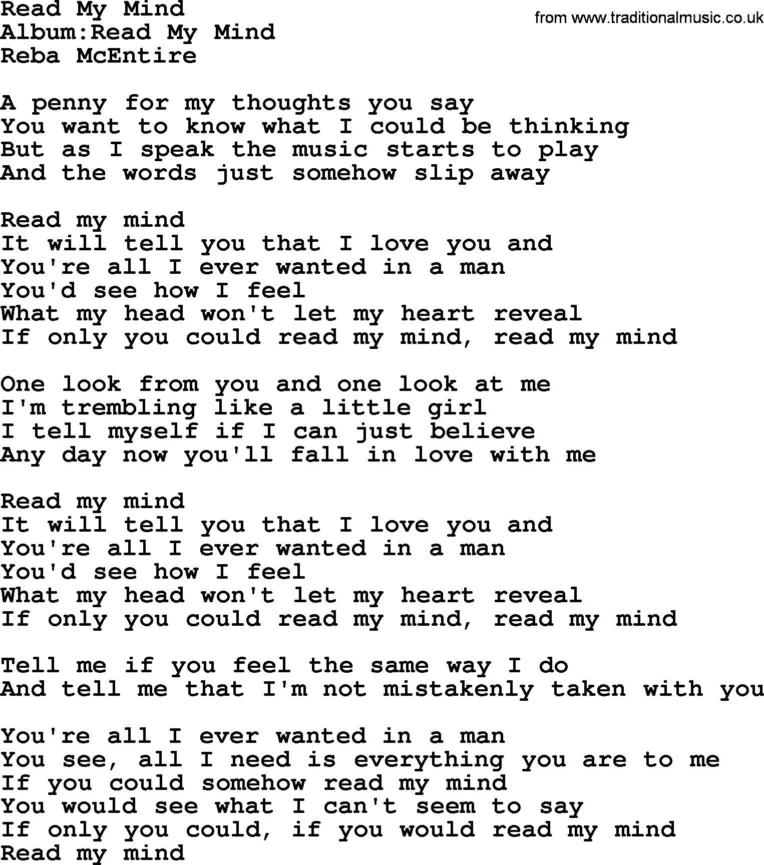 Reba McEntire song: Read My Mind lyrics