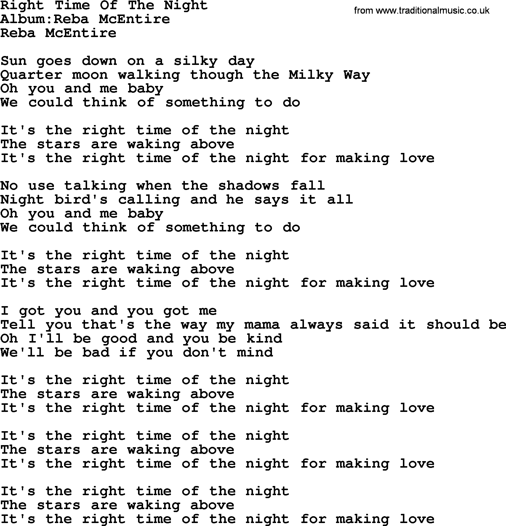 Reba McEntire song: Right Time Of The Night lyrics